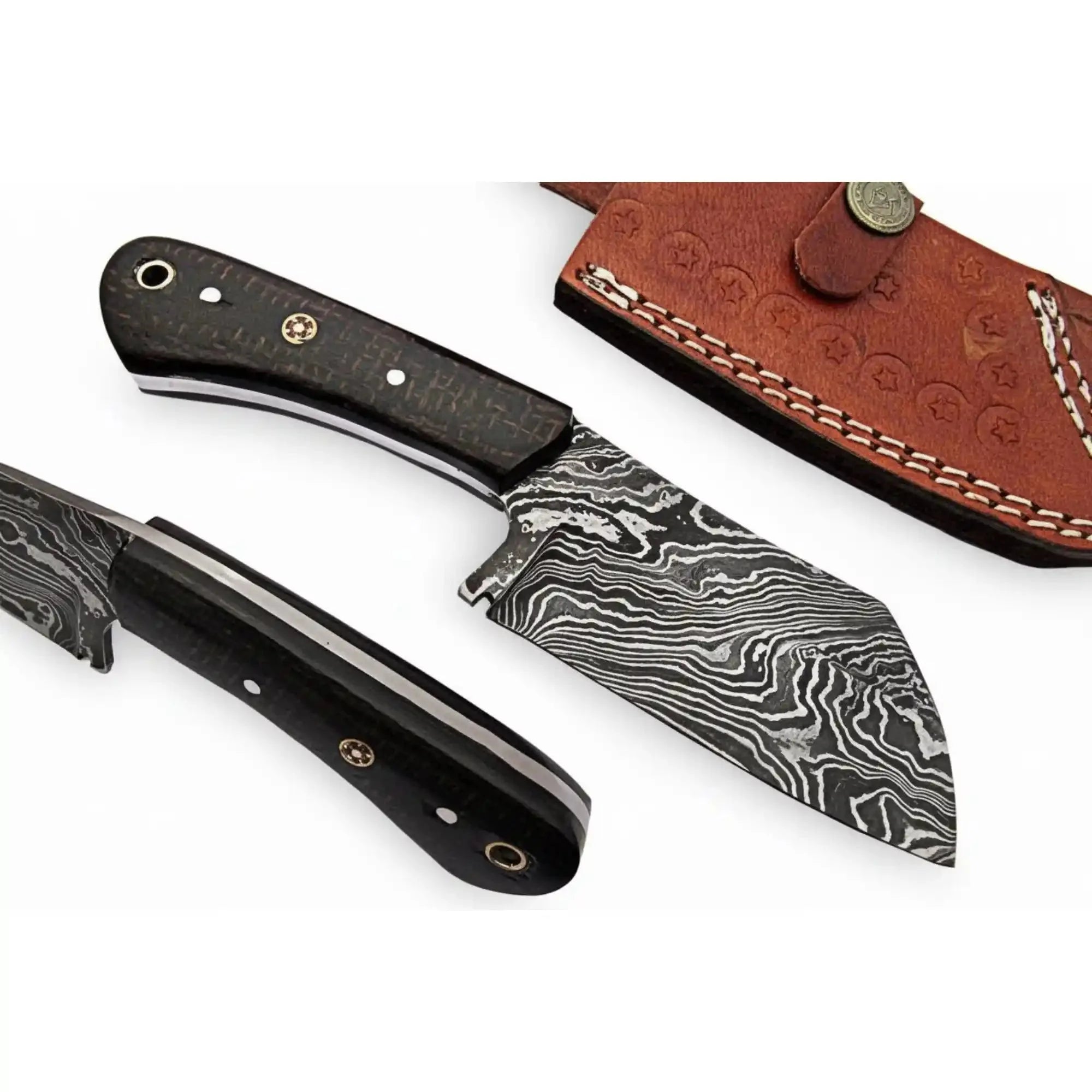 Hand Forged Damascus Skinning Knife with Black Micarta Handle, Full Tang Hunting Knife with Leather Sheath