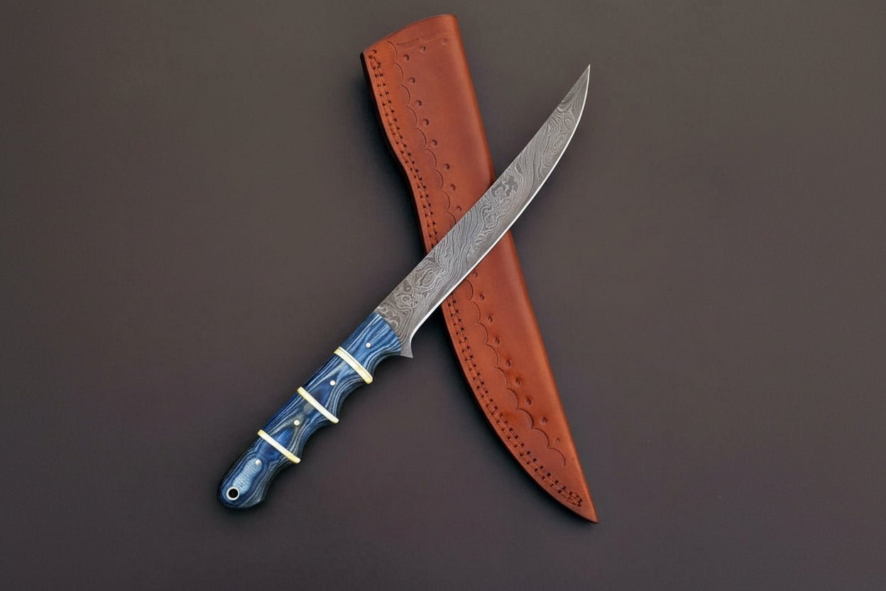 Hand Forged Damascus Steel Fillet Knife – Flexible Fish Fillet Blade with Blue Pakka Wood Handle, Full Tang Professional Fishing Knife with Leather Sheath JW SteelCrafts