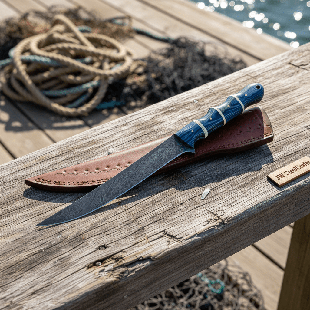 Hand Forged Damascus Steel Fillet Knife – Flexible Fish Fillet Blade with Blue Pakka Wood Handle, Full Tang Professional Fishing Knife with Leather Sheath JW SteelCrafts