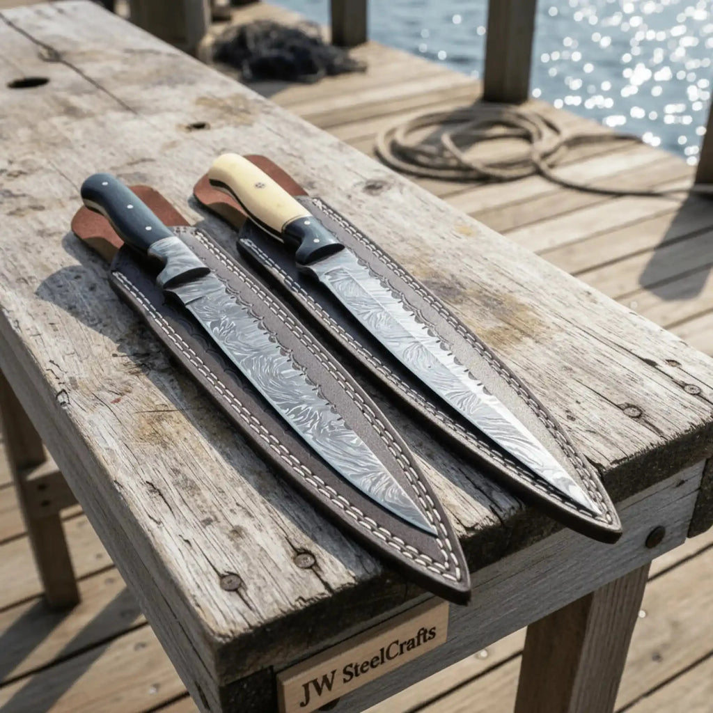 Hand Forged Damascus Steel Fillet Knife Set of 2 – 12 Inch Overall Flexible Fish Fillet Knife Pair with Full Tang Construction, Hardwood Handles and Leather Sheaths, Professional Fishing Knives JW SteelCrafts