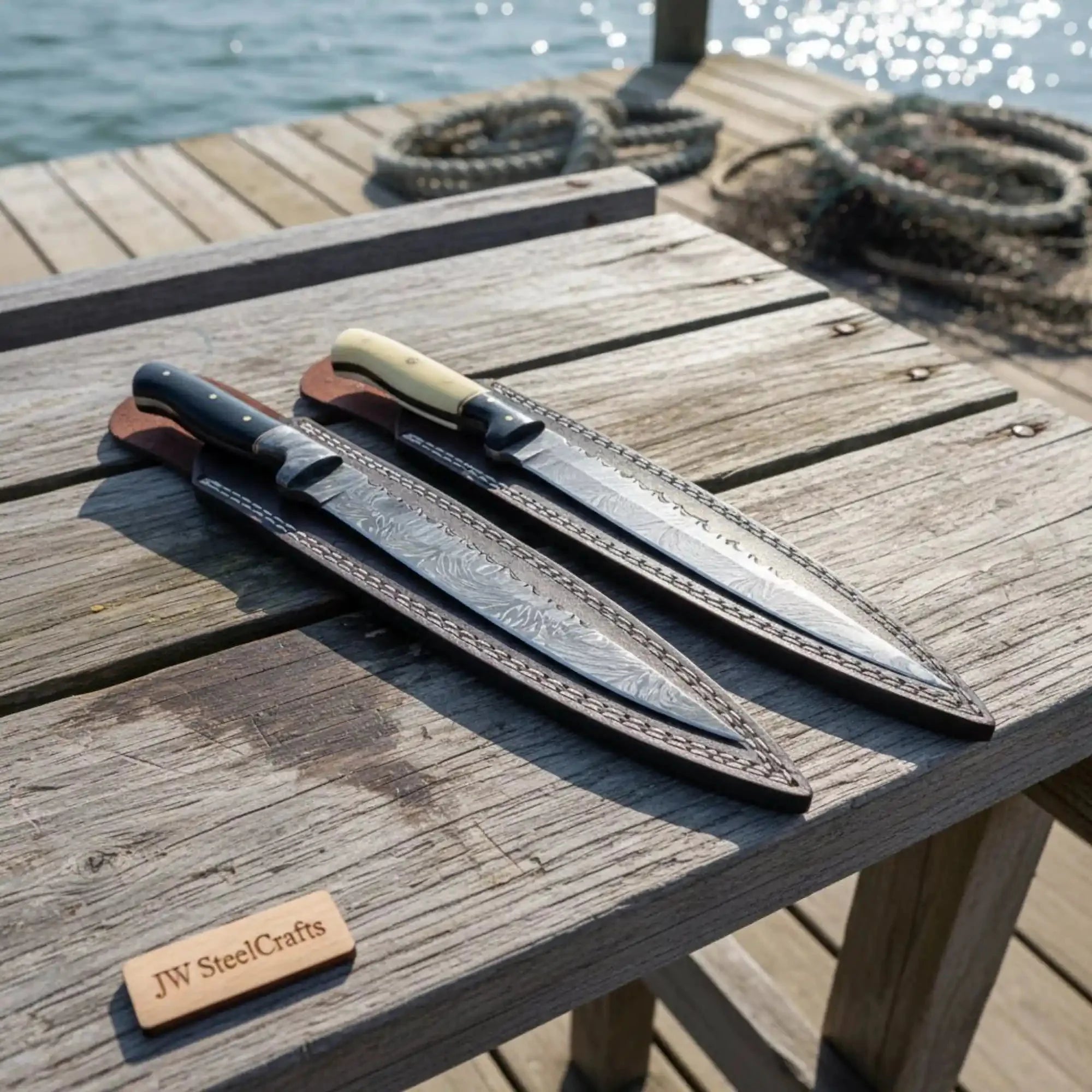 Hand Forged Damascus Steel Fillet Knife Set of 2 – 12 Inch Overall Flexible Fish Fillet Knife Pair with Full Tang Construction, Hardwood Handles and Leather Sheaths, Professional Fishing Knives JW SteelCrafts