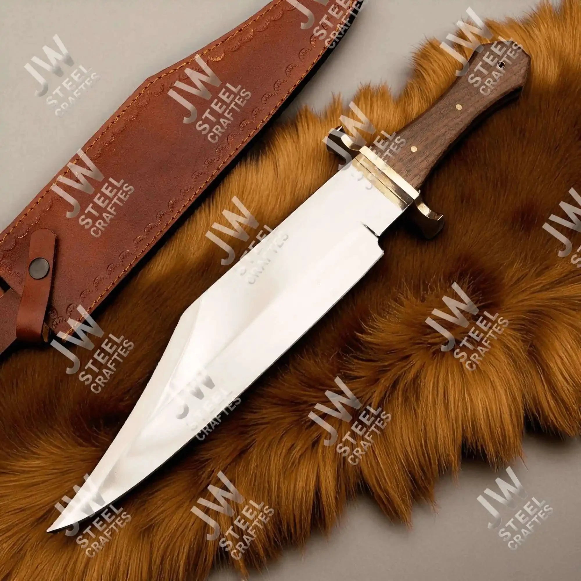 Hand Forged High Carbon Steel Bowie Knife, Clip Point Frontier Style Fixed Blade, Brass Guard, Rosewood Handle, Leather Sheath, JW SteelCrafts