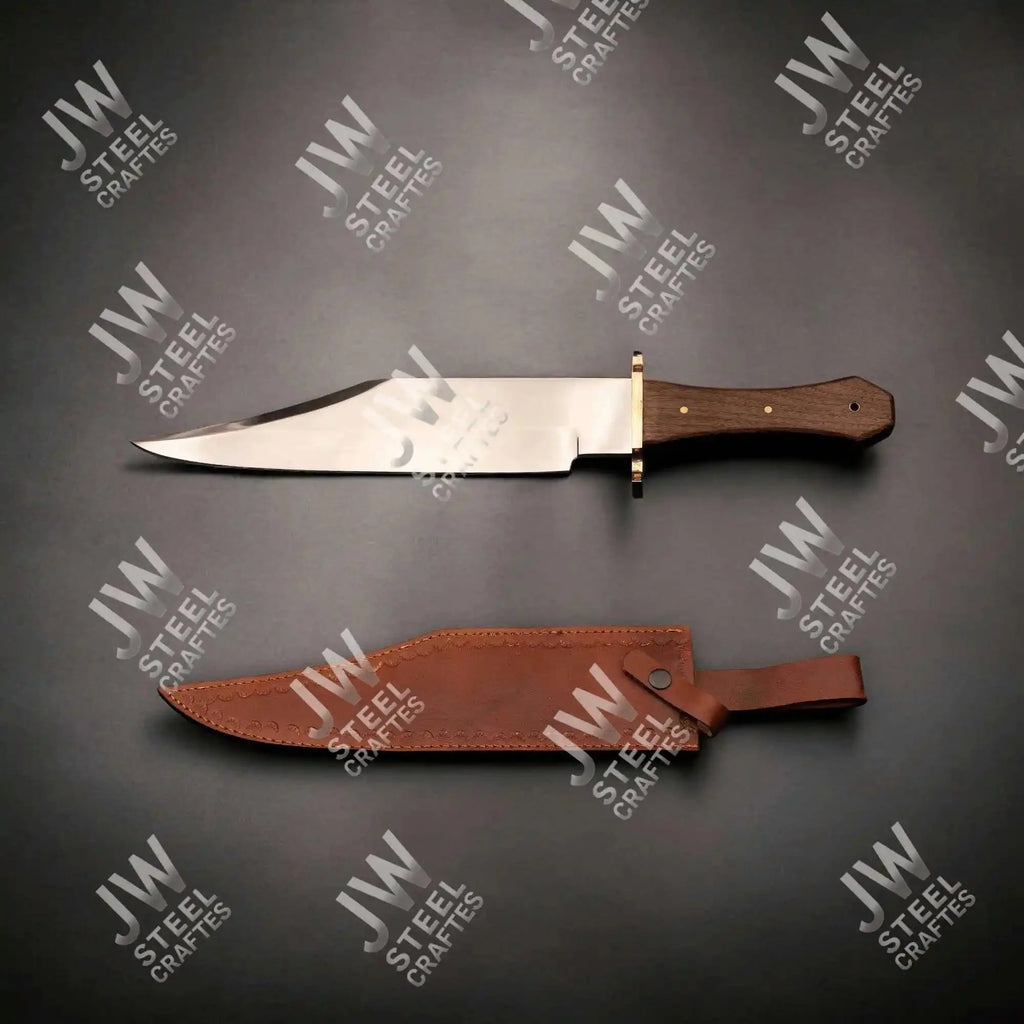 Hand Forged High Carbon Steel Bowie Knife, Clip Point Frontier Style Fixed Blade, Brass Guard, Rosewood Handle, Leather Sheath, JW SteelCrafts