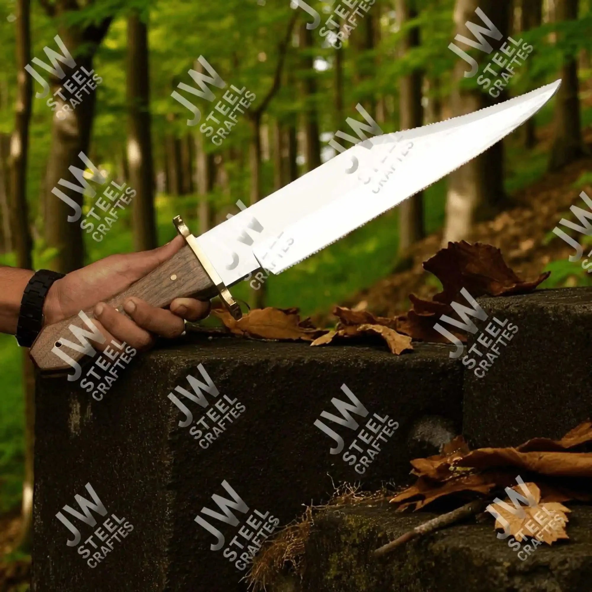 Hand Forged High Carbon Steel Bowie Knife, Clip Point Frontier Style Fixed Blade, Brass Guard, Rosewood Handle, Leather Sheath, JW SteelCrafts