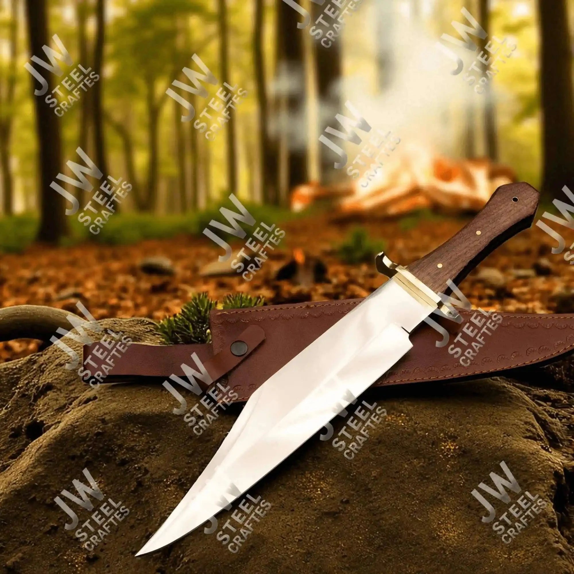 Hand Forged High Carbon Steel Bowie Knife, Clip Point Frontier Style Fixed Blade, Brass Guard, Rosewood Handle, Leather Sheath, JW SteelCrafts