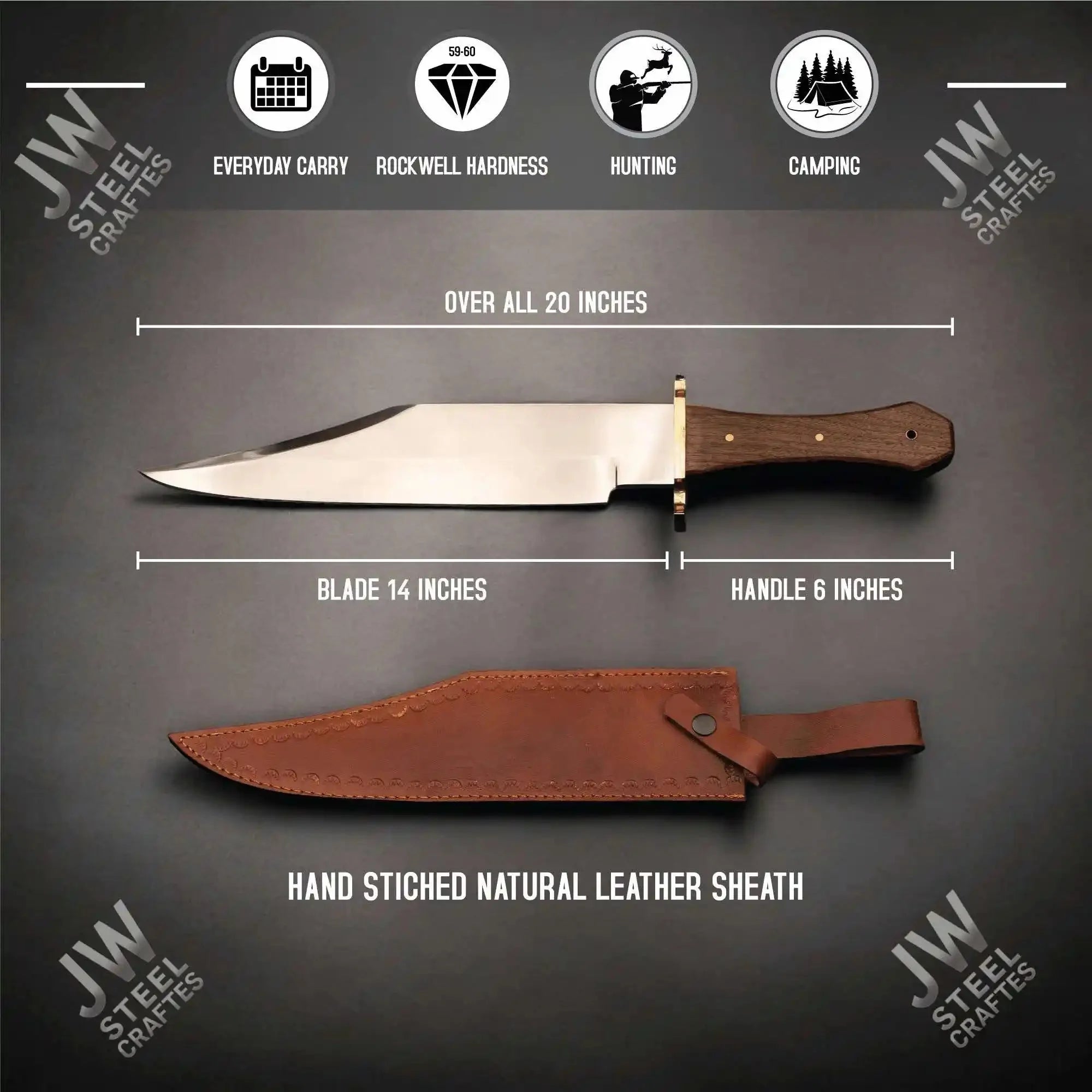 Hand Forged High Carbon Steel Bowie Knife, Clip Point Frontier Style Fixed Blade, Brass Guard, Rosewood Handle, Leather Sheath, JW SteelCrafts
