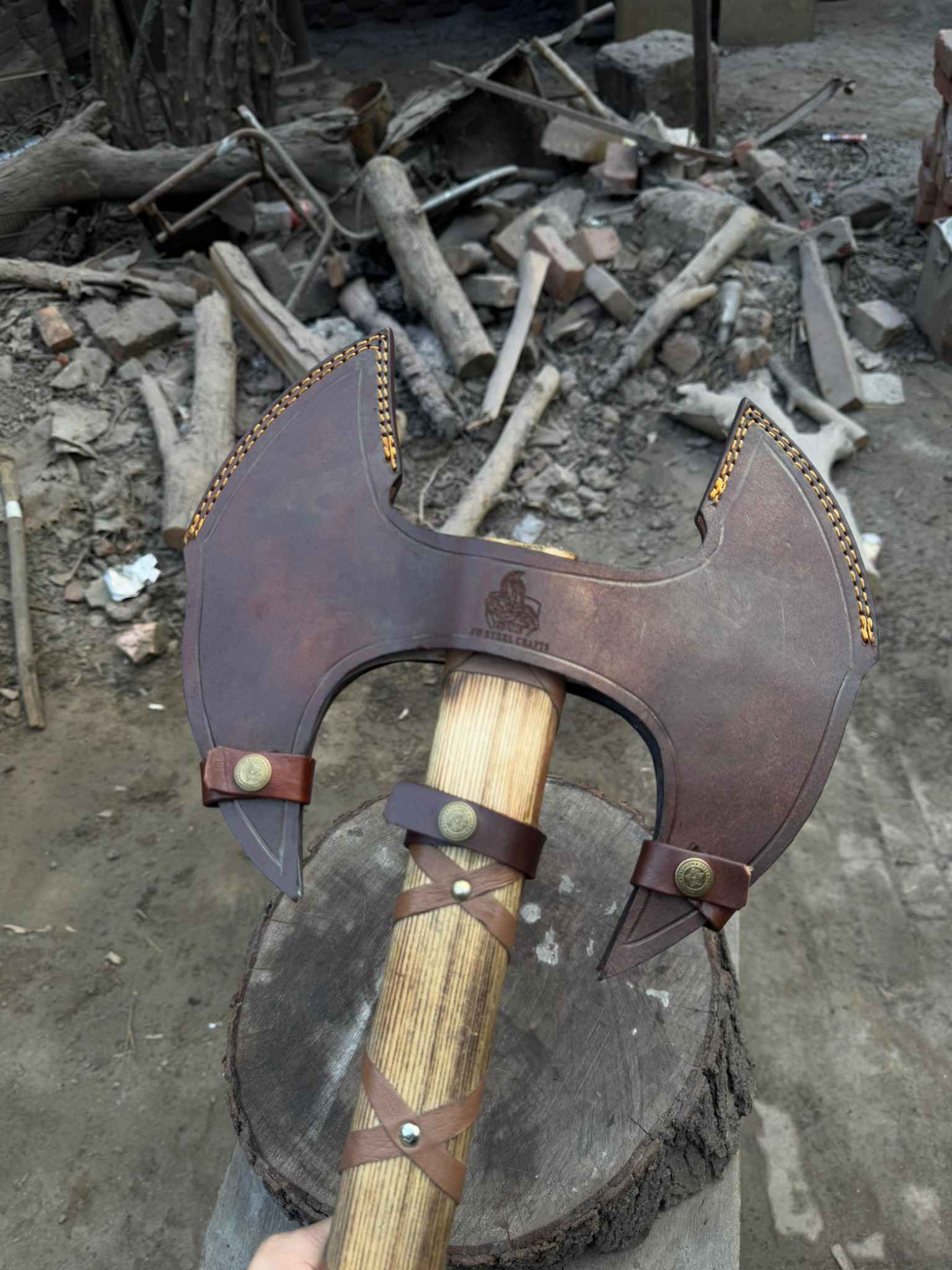 Handcrafted Double-Head Decorative Axe with Wooden Handle – JW SteelCrafts