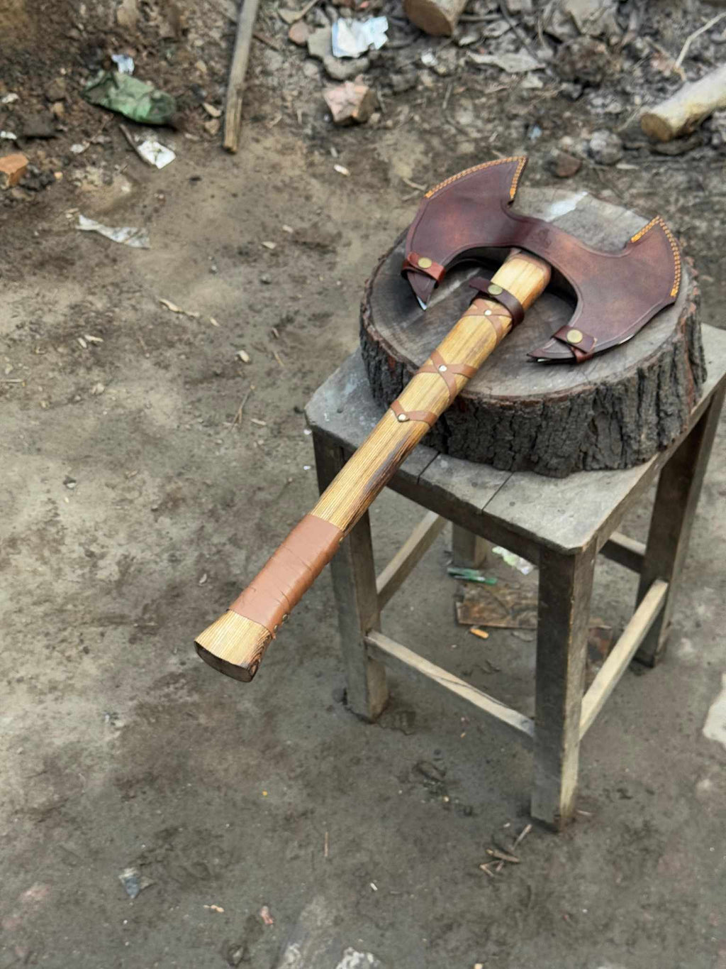 Handcrafted Double-Head Decorative Axe with Wooden Handle – JW SteelCrafts
