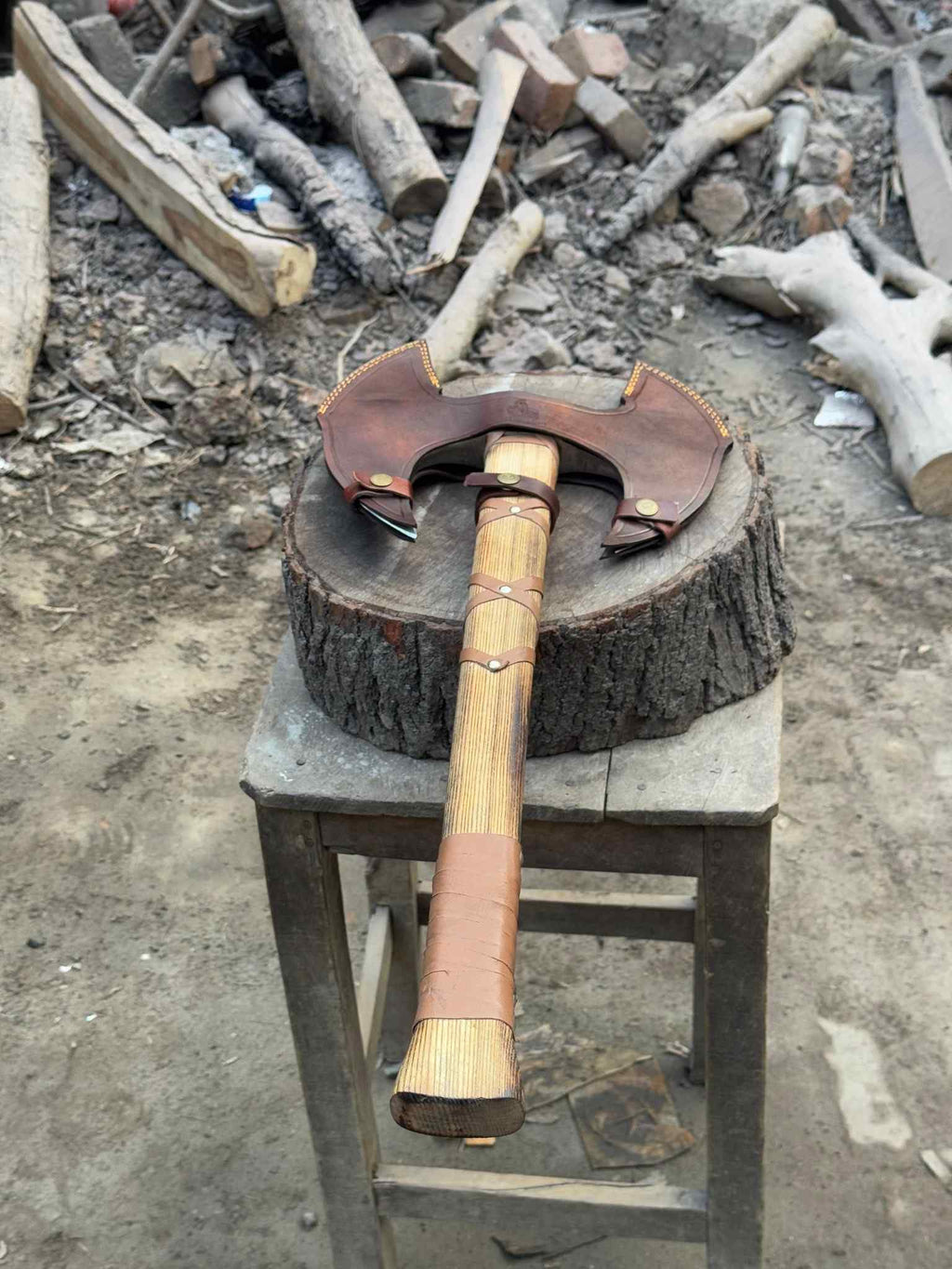 Handcrafted Double-Head Decorative Axe with Wooden Handle – JW SteelCrafts