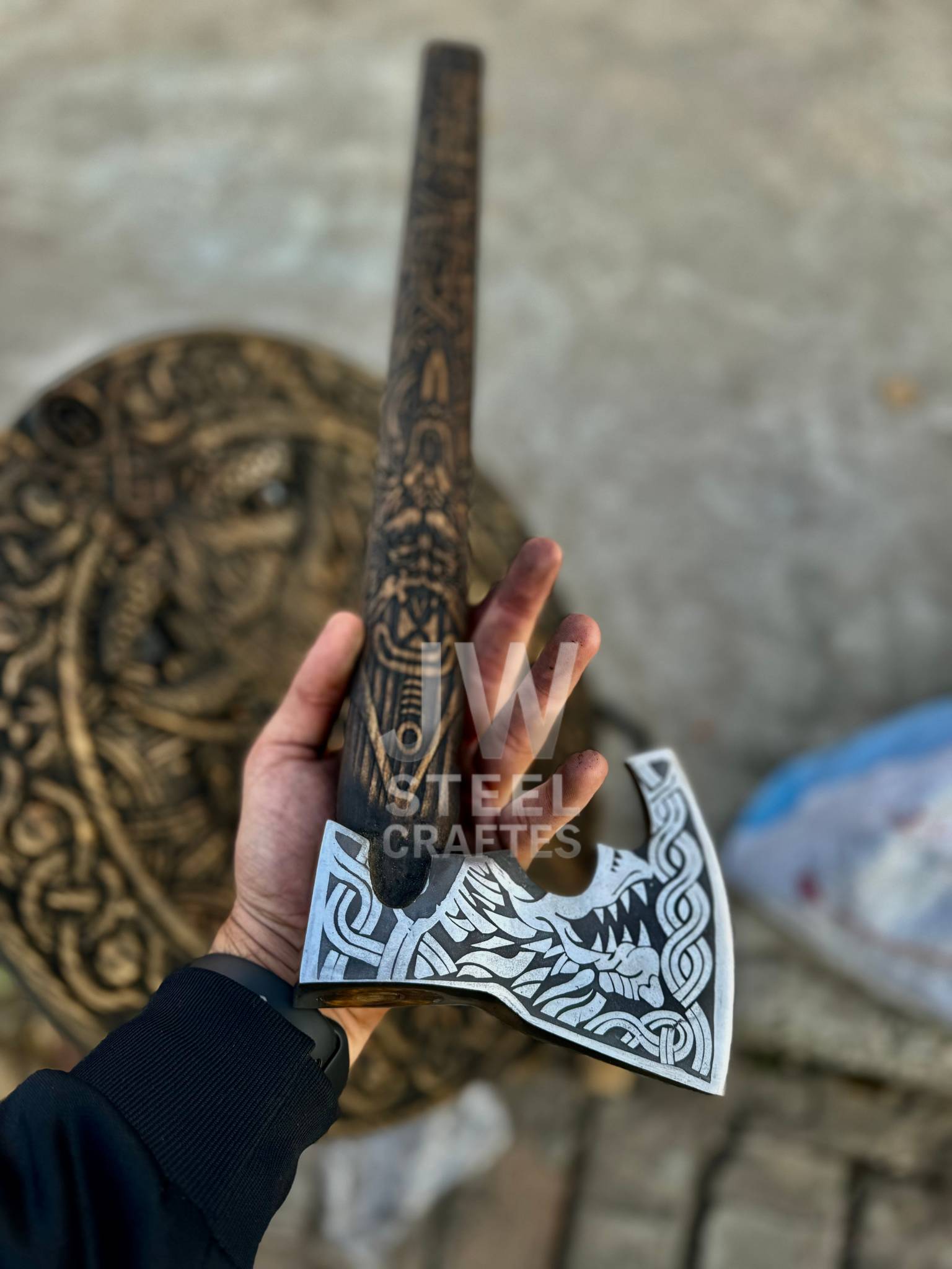 Handcrafted Viking Shield with Matching Engraved Axe – Nordic Art Decor Set