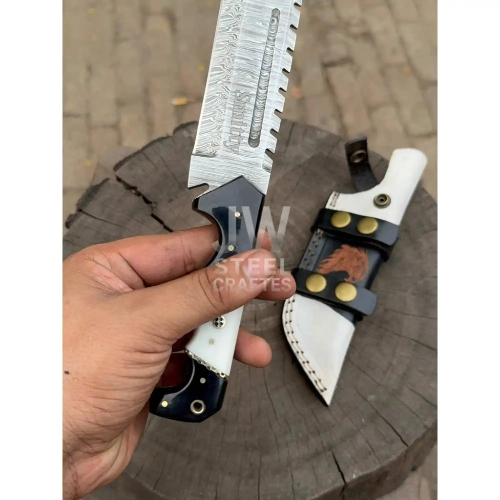 Handmade 10–11 Inch Damascus Tracker Outdoor Utility Knife – Black & White Resin Handle
