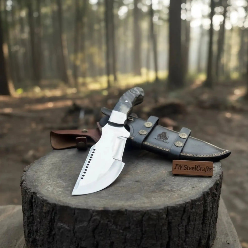 Handmade 10–11 Inch Damascus Tracker Outdoor Utility Knife – Black & White Resin Handle
