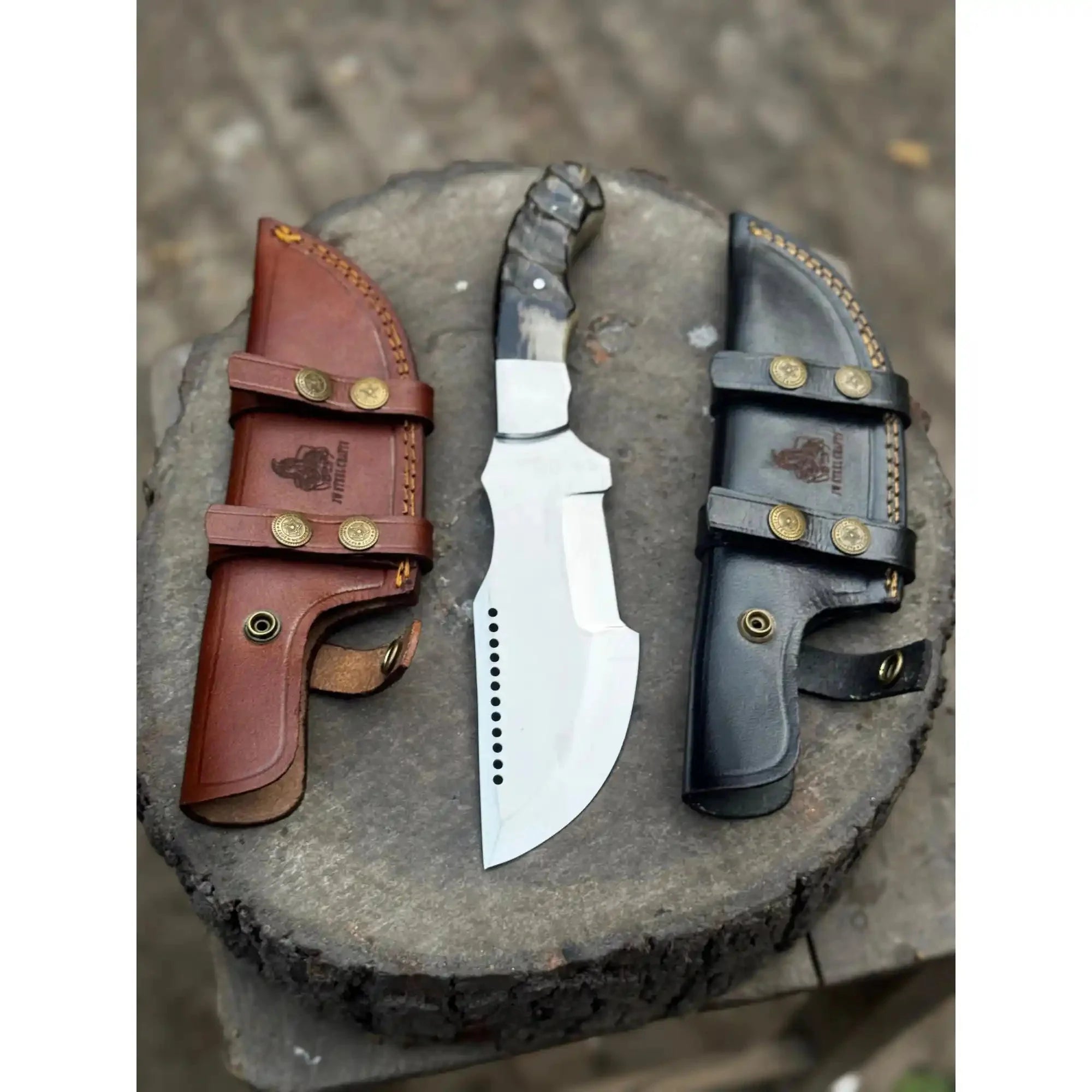Handmade 10–11 Inch Damascus Tracker Outdoor Utility Knife – Black & White Resin Handle