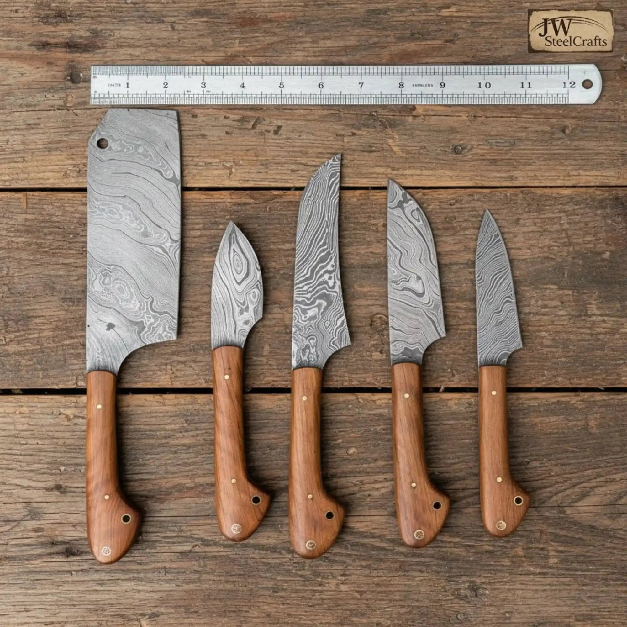 Handmade Damascus 5-Piece Kitchen Knife Set — Cleaver, Chef, Utility, Boning & Paring (Olive Wood Handles, Full Tang)