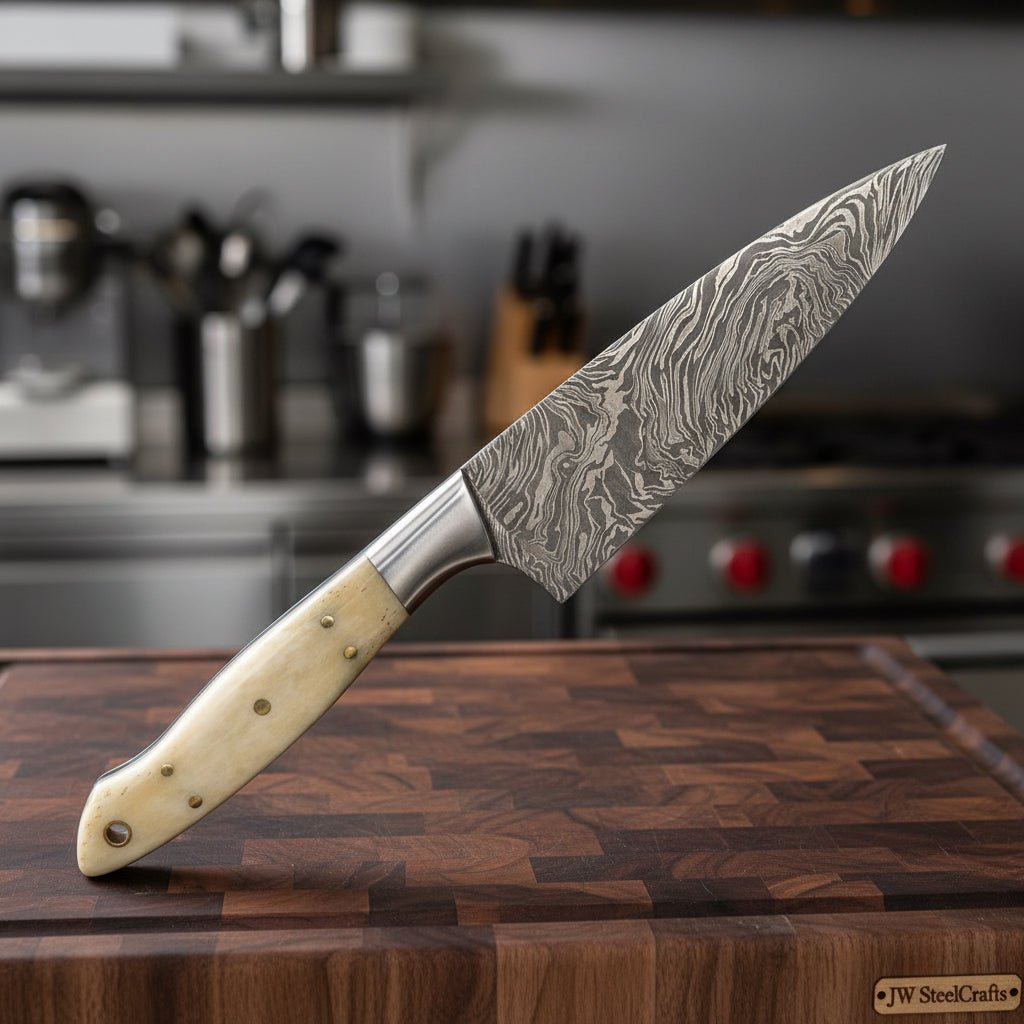 Handmade Damascus Bunka Knife, Full Tang Kitchen Knife with Bone Handle, Steel Bolster and Brass Pins, Forged Damascus Steel Japanese Style Chef Knife, JW SteelCrafts