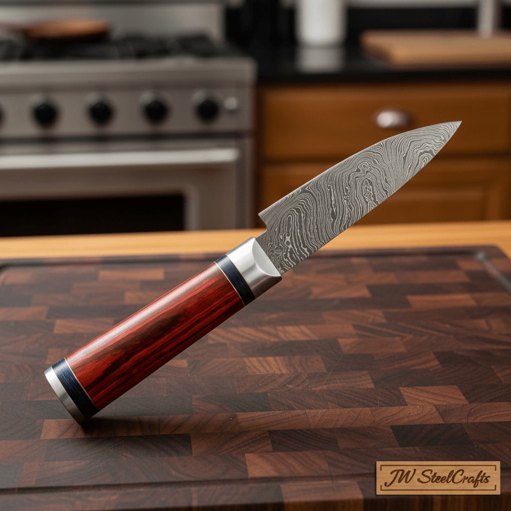 Handmade Damascus Chef Knife 11 Inch Overall, Twisted Pattern Damascus Steel Blade, Red Pakka Wood Handle, Full Tang, Leather Sheath, Custom Kitchen Knife