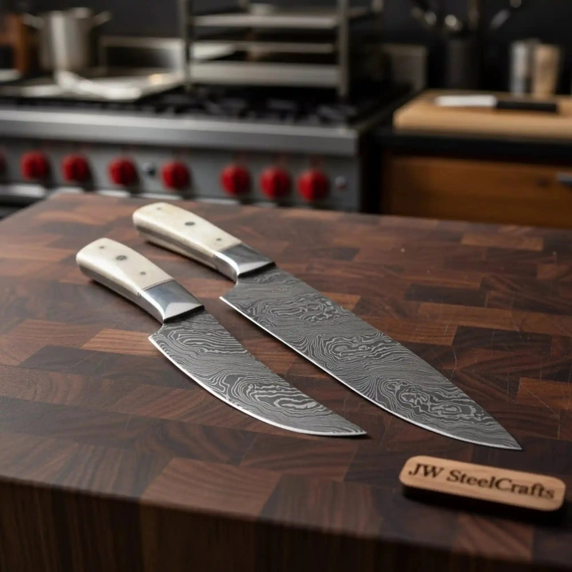 Handmade Damascus Chef Knife Set of 2, Full Tang Kitchen Knives, White Bone Handle with Steel Bolster, Culinary Cooking Knife Pair