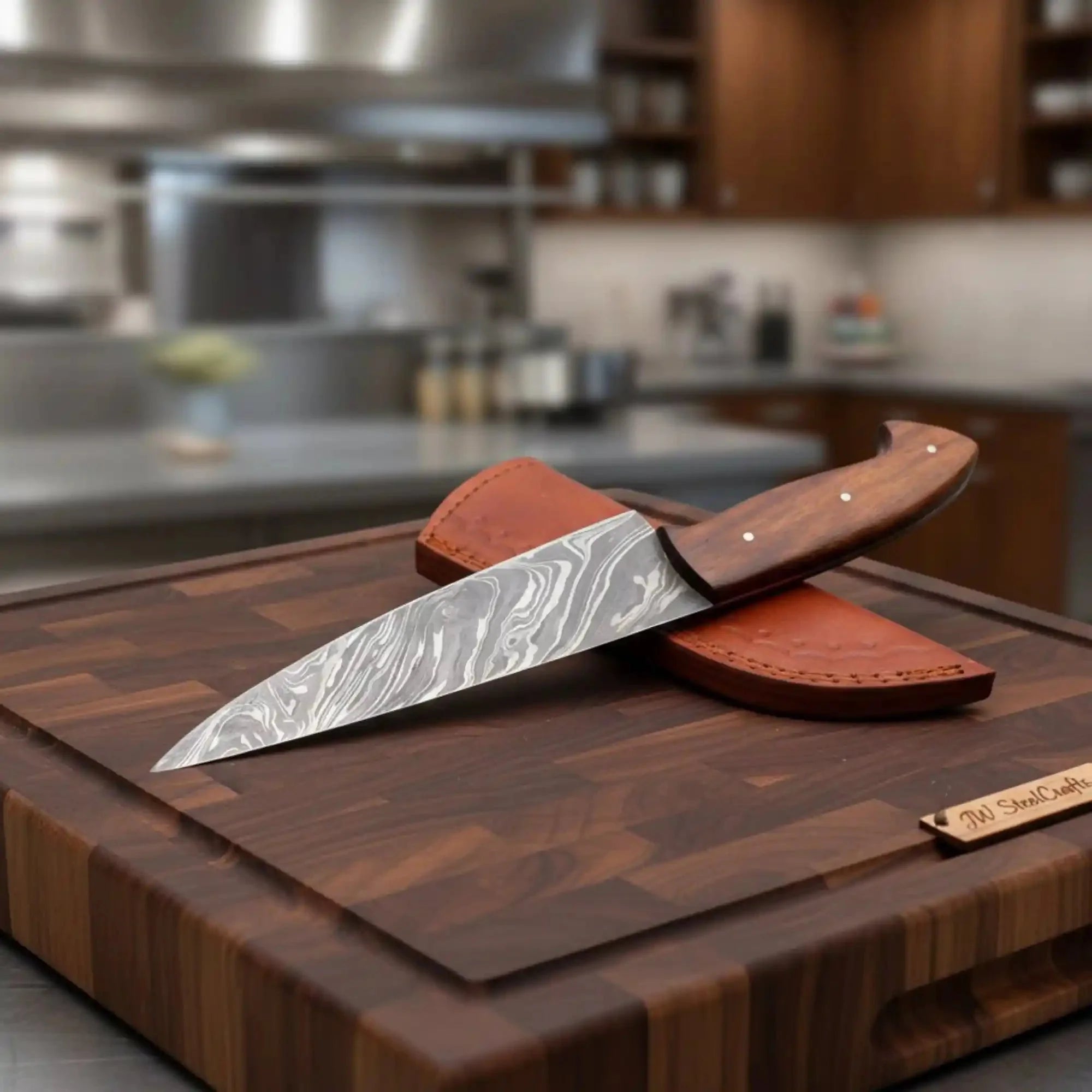 Handmade Damascus Chef Knife Set of 2 with Rosewood Handles, Full Tang Forged Kitchen Knives with Leather Sheaths, Professional Cooking and Meat Cutting Knife Pair