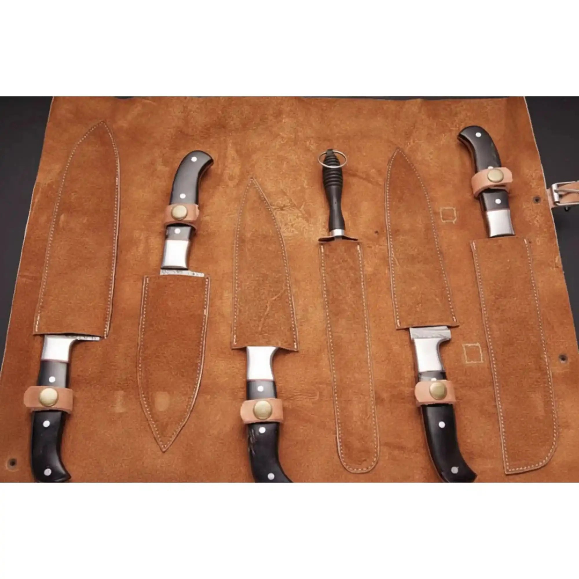 Handmade Damascus Chef Knife Set of 5, Full Tang Kitchen Knife Collection, Black Handle Culinary Knives with Leather Roll and Sharpening Rod