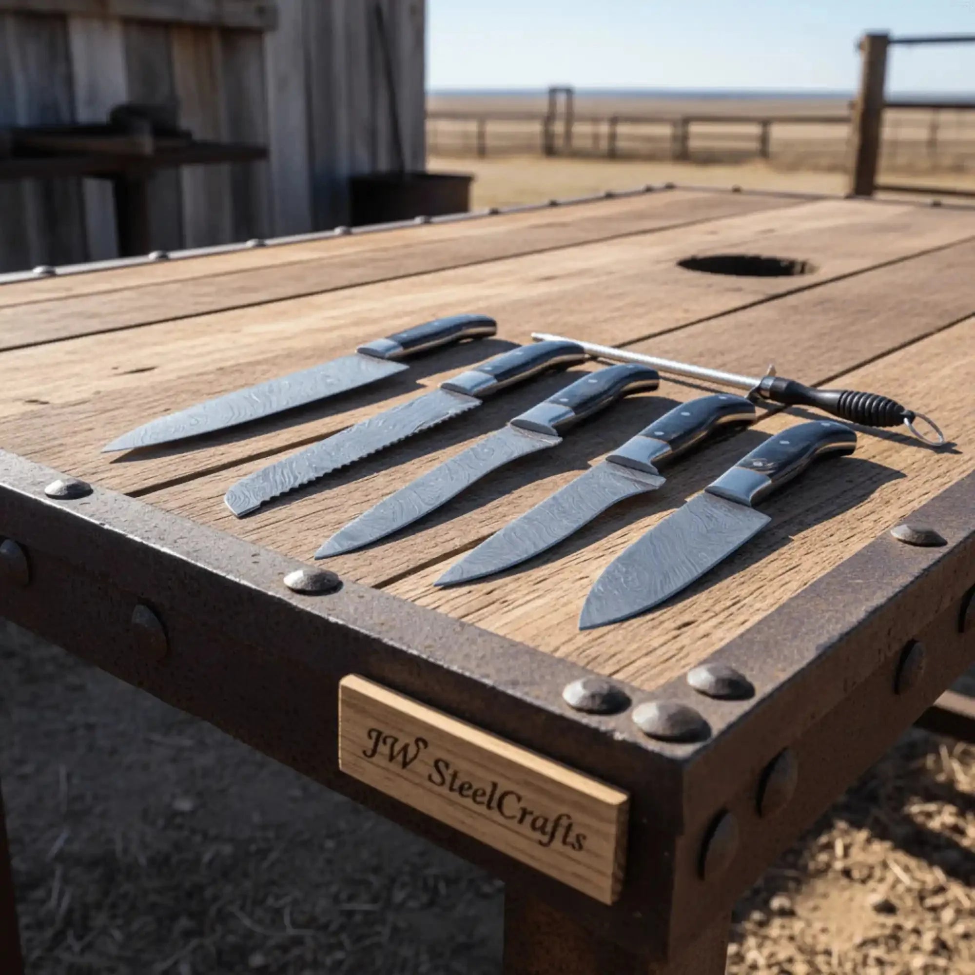 Handmade Damascus Chef Knife Set of 5, Full Tang Kitchen Knife Collection, Black Handle Culinary Knives with Leather Roll and Sharpening Rod
