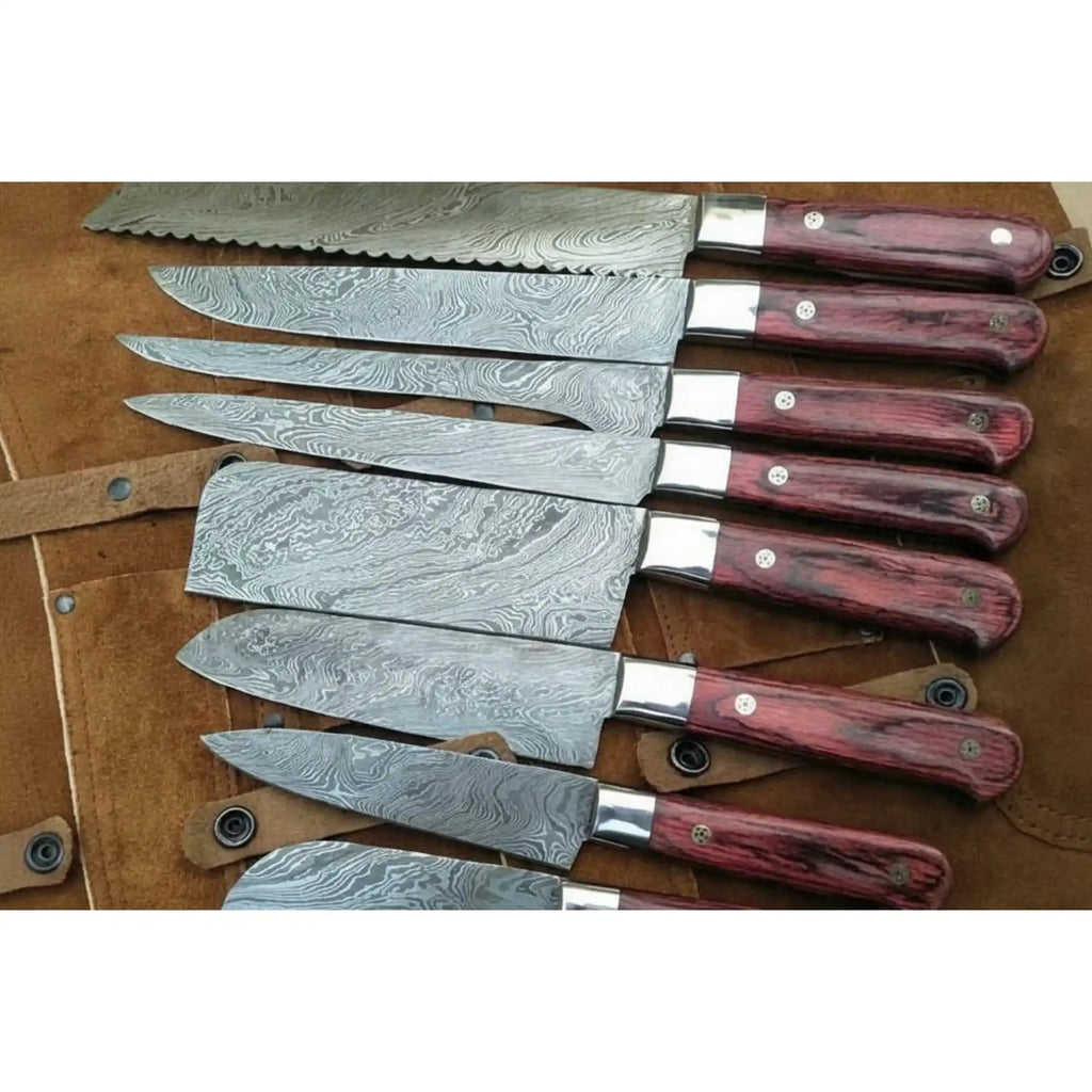 Handmade Damascus Chef Knife Set of 8 with Leather Roll, Full Tang Culinary Knife Collection with Red Wood Handles – JW SteelCrafts