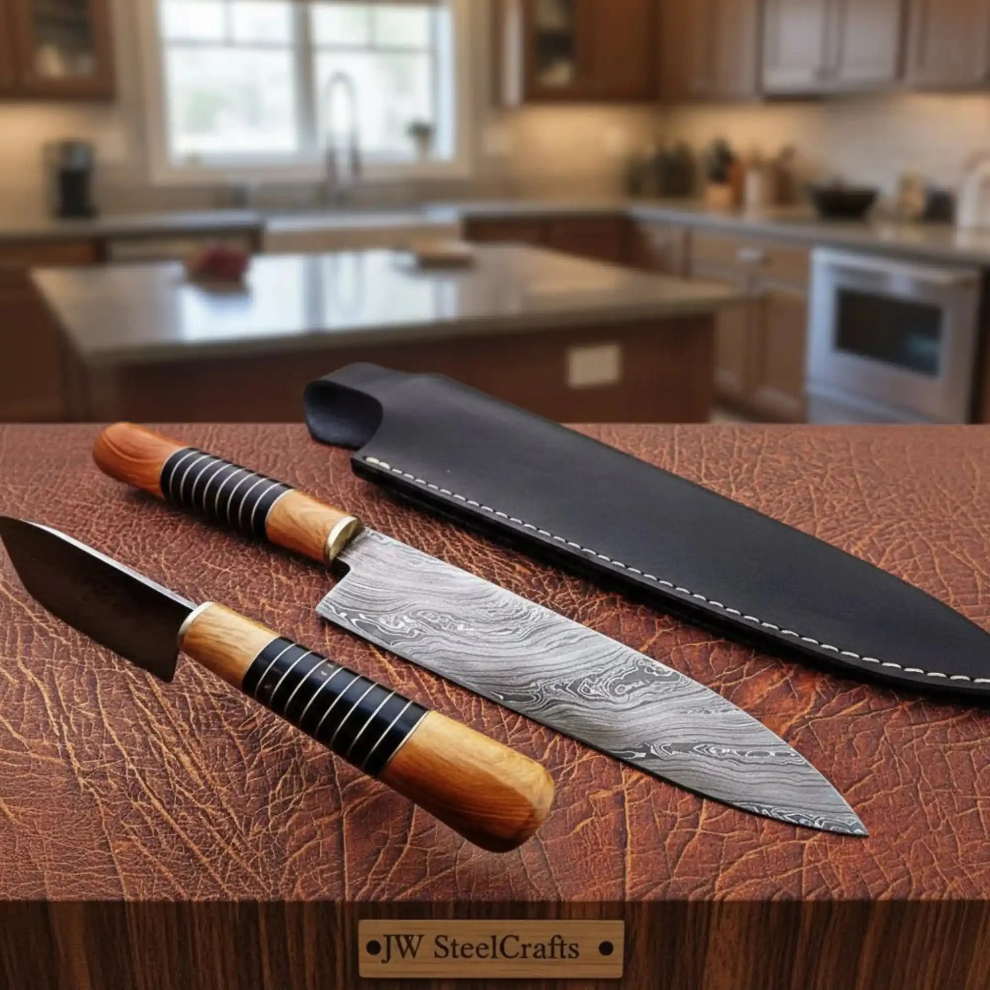 Handmade Damascus Chef Knife with Leather Sheath, 14 Inch Full Tang Kitchen Knife, 9 Inch Blade, Olive Wood Handle with Black Resin Spacers