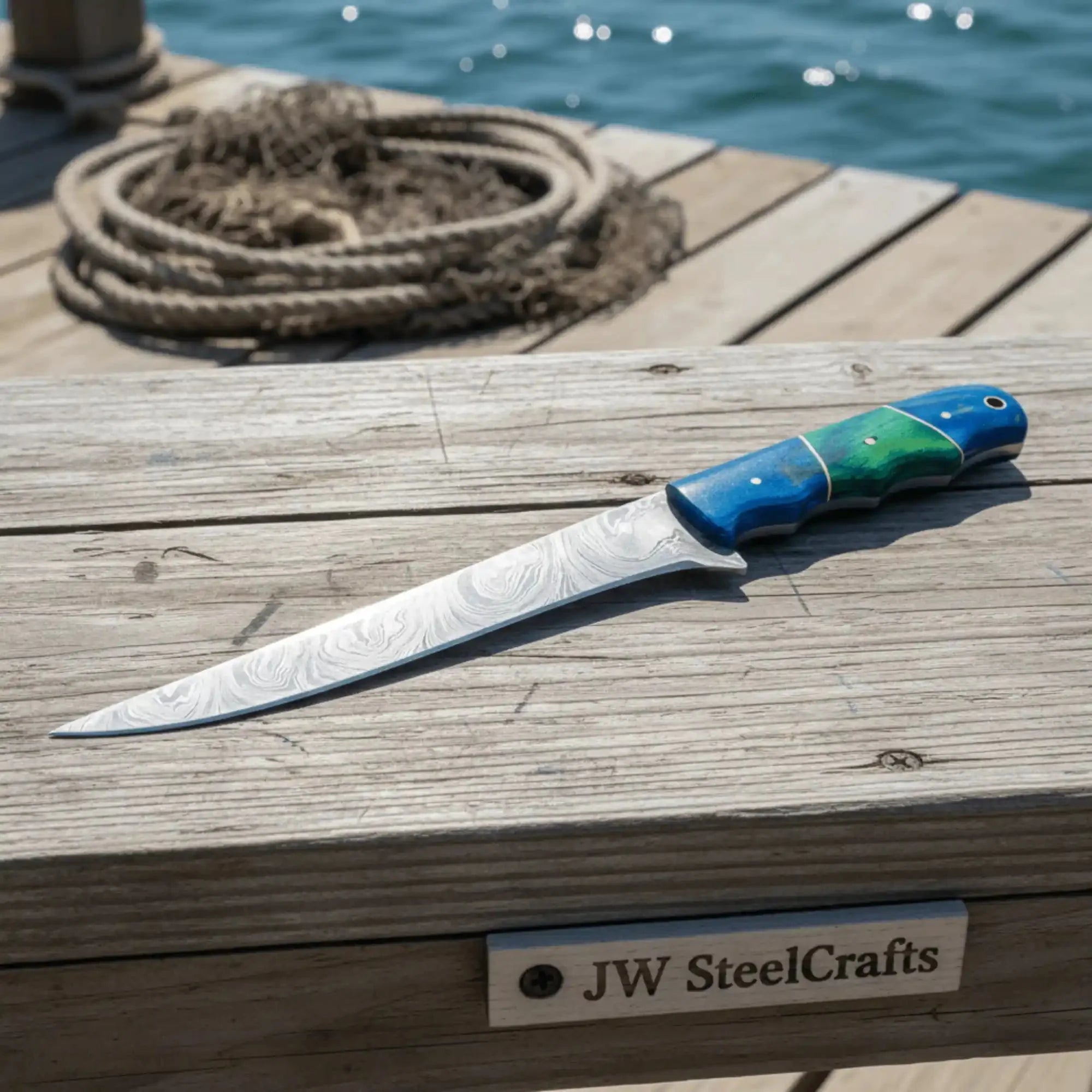 Handmade Damascus Fillet Knife – 11.5 Inch Overall Length, Flexible Fish Filleting Blade with Colored Wood Handle, Full Tang Fishing Knife with Leather Sheath, JW SteelCrafts