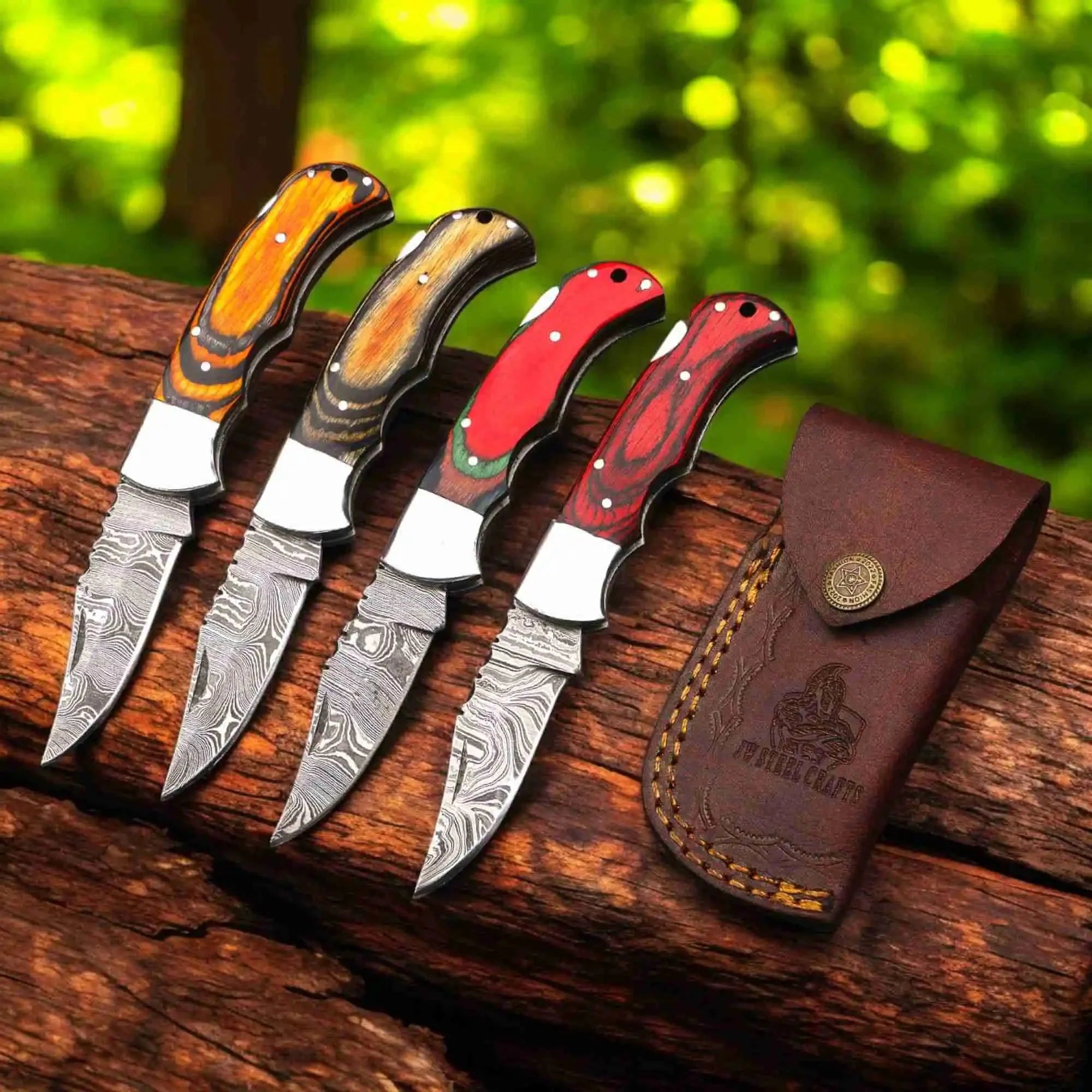 Handmade Damascus Folding Knife – Pakka Wood Handle (4 Color Variations)