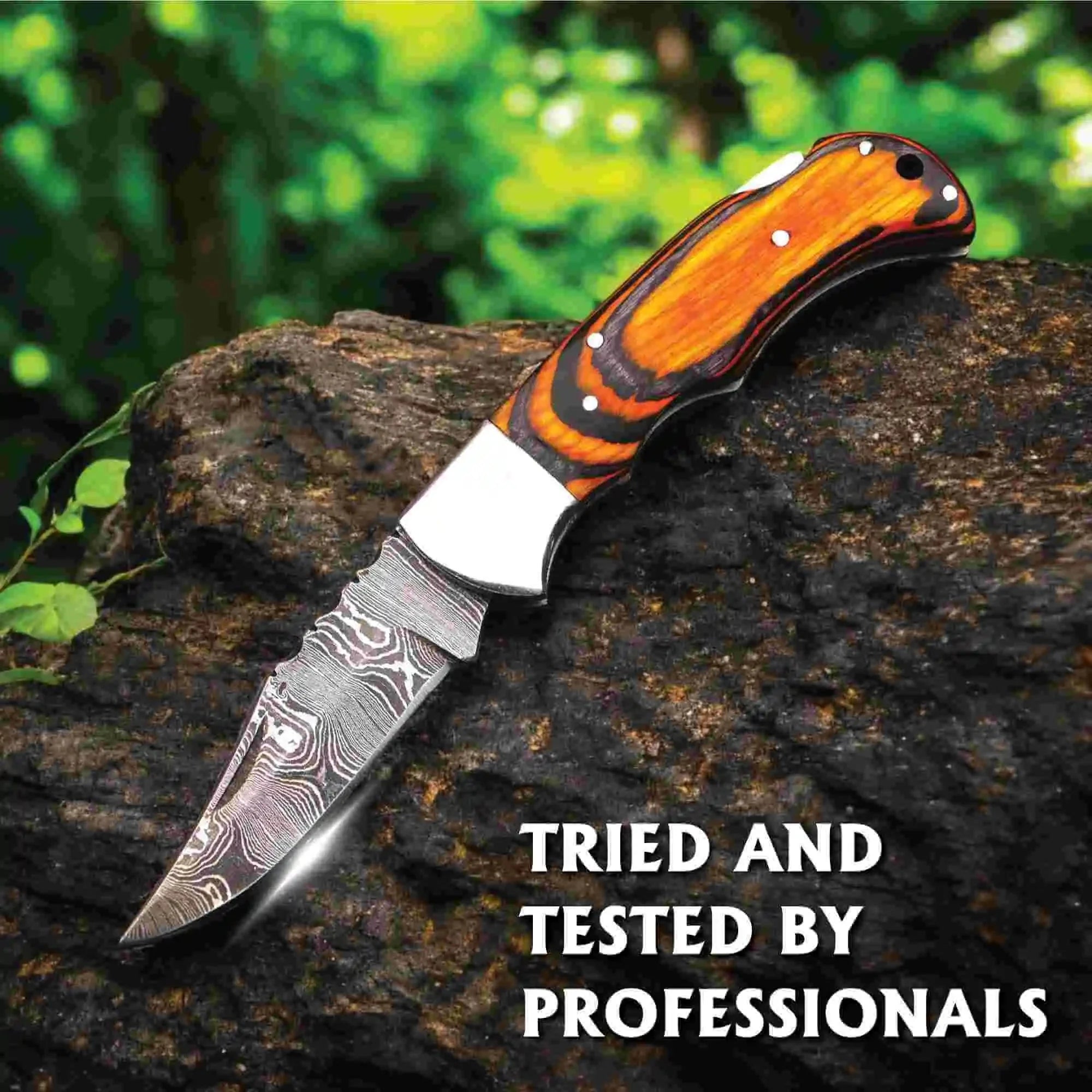 Handmade Damascus Folding Knife – Pakka Wood Handle (4 Color Variations)