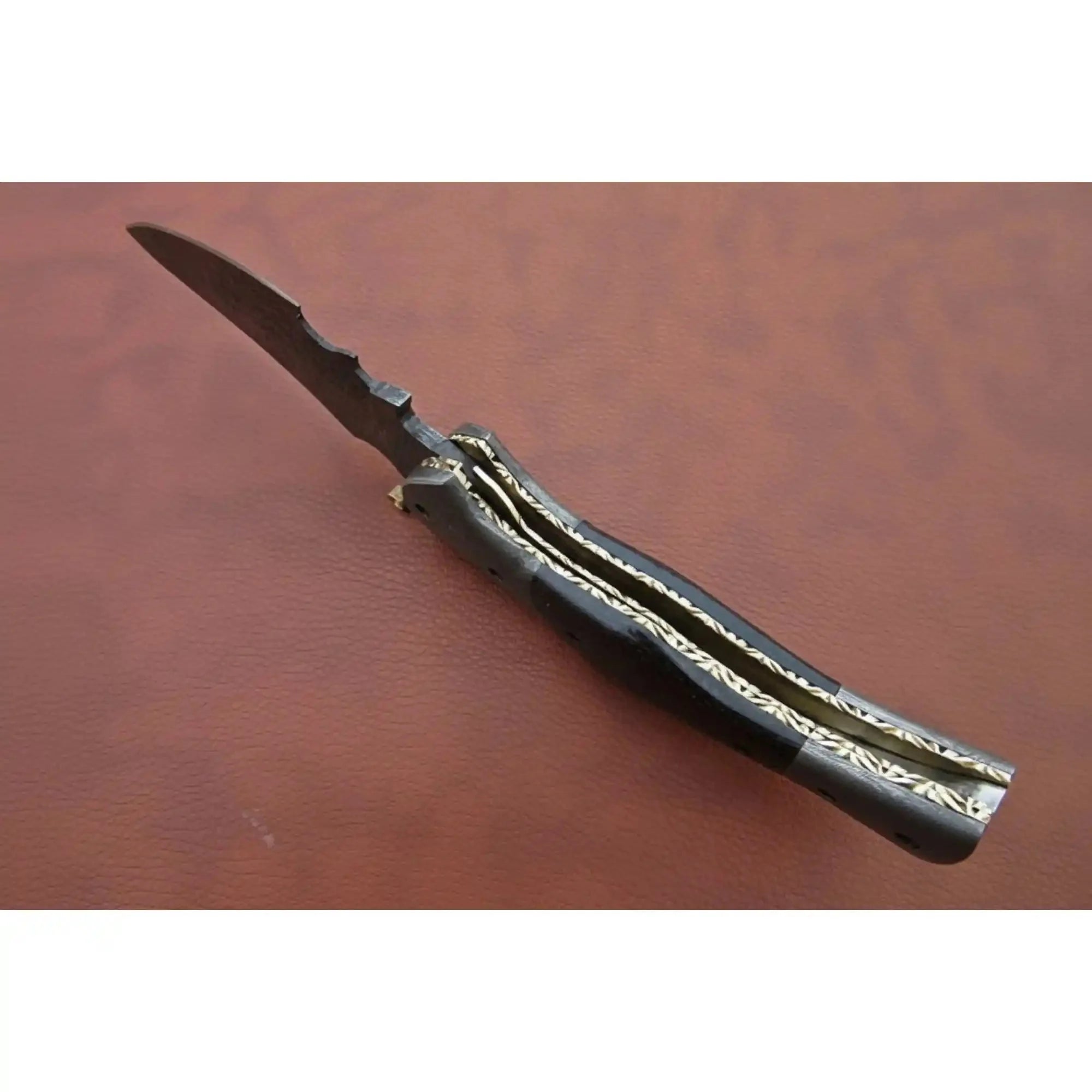Handmade Damascus Folding Knife with Dark Wood Handle & Spine Jimping – Custom EDC Pocket Knife by JW SteelCrafts