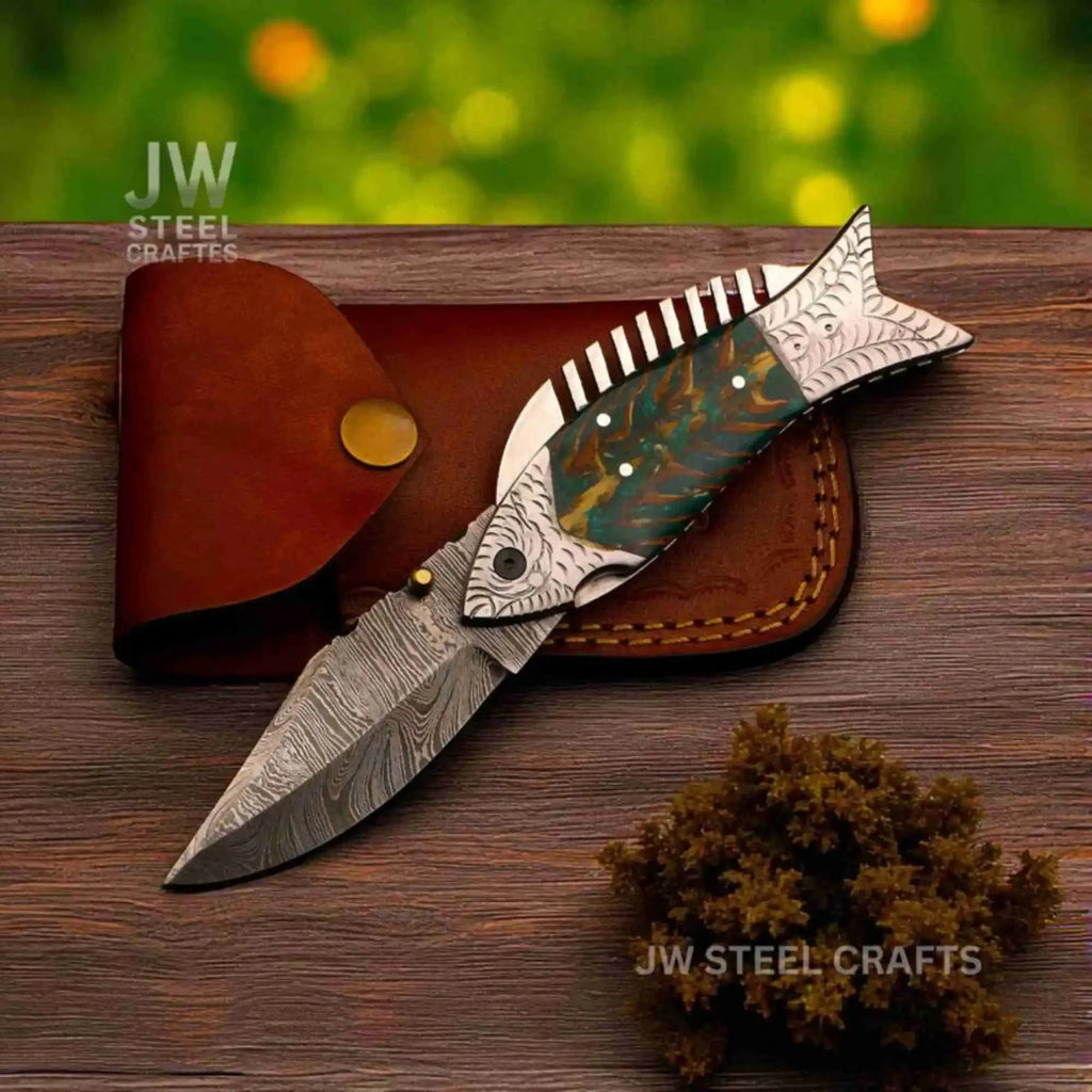 Handmade Damascus Folding Knife with Green Pinecone Resin Handle