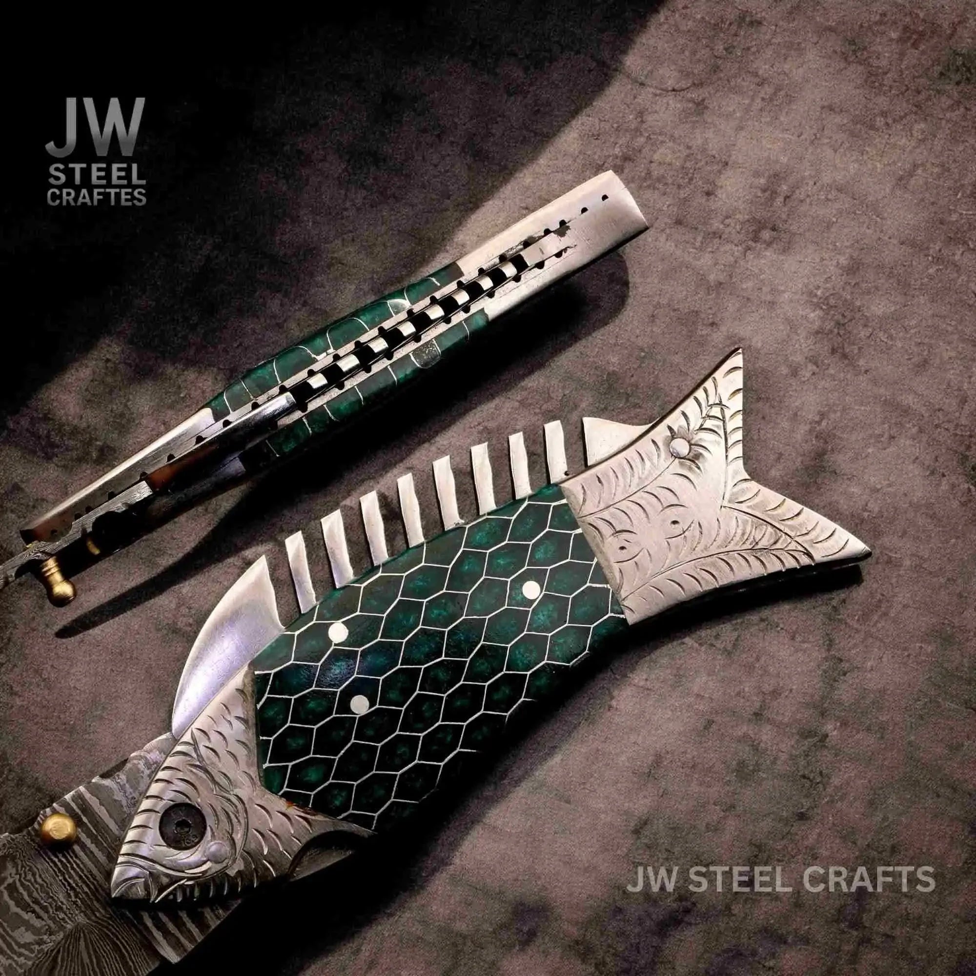 Handmade Damascus Folding Knife with Green Pinecone Resin Handle
