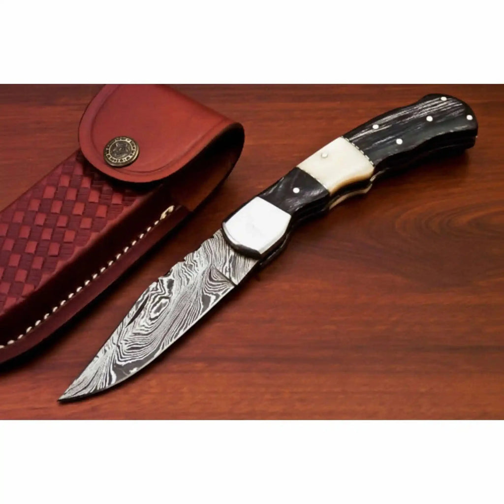 Handmade Damascus Folding Pocket Knife – Engraved & Plain Handle Variants | Leather Sheath Included