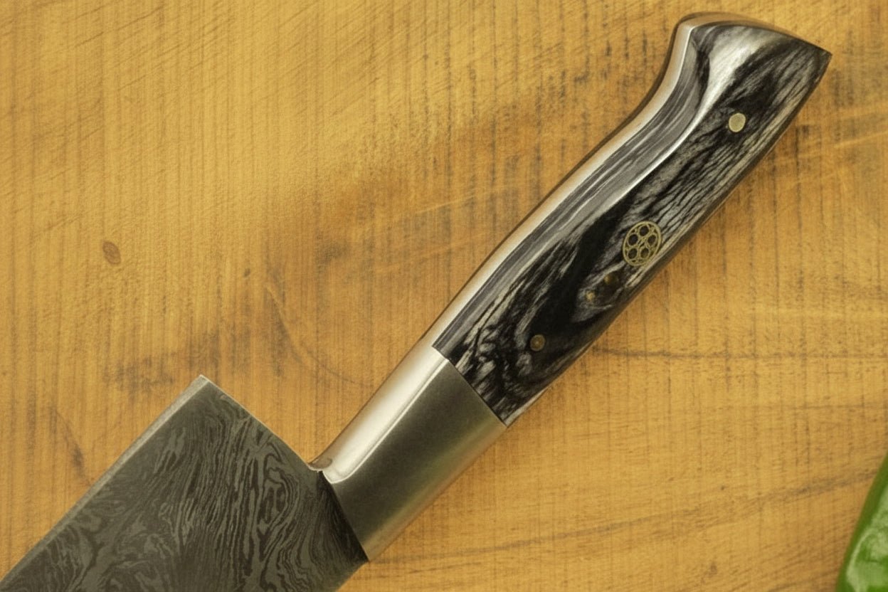 Handmade Damascus Gyuto Chef Knife, Full Tang Japanese Kitchen Knife with Steel Bolster and Grey Wood Handle, Forged Damascus Steel Cooking Knife, JW SteelCrafts