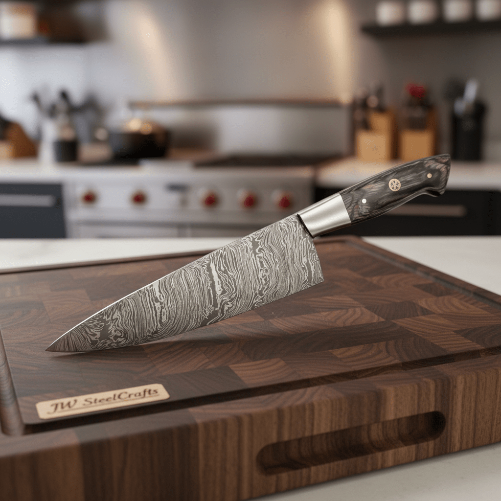 Handmade Damascus Gyuto Chef Knife, Full Tang Japanese Kitchen Knife with Steel Bolster and Grey Wood Handle, Forged Damascus Steel Cooking Knife, JW SteelCrafts