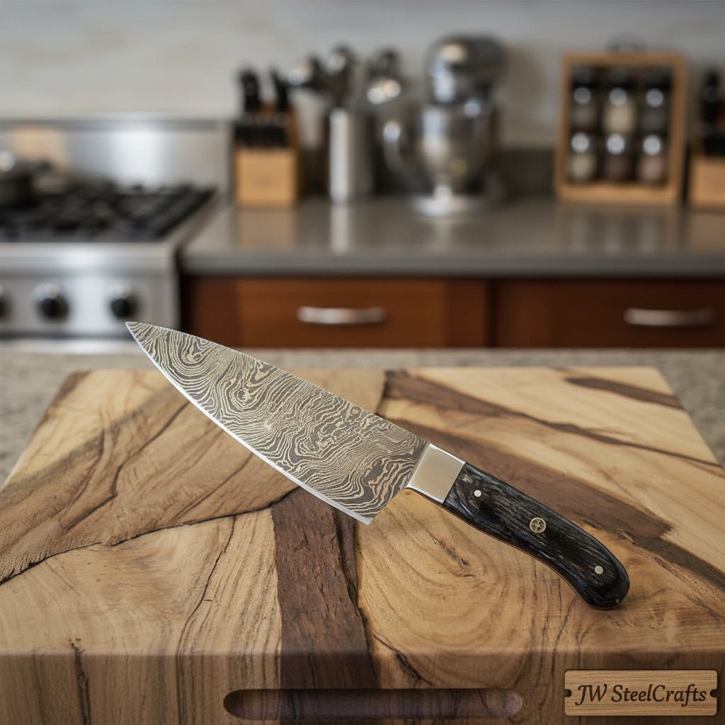 Handmade Damascus Gyuto Chef Knife, Full Tang Kitchen Knife with Grey Wood Handle and Steel Bolster, Forged Damascus Steel Professional Cooking Knife, JW SteelCrafts