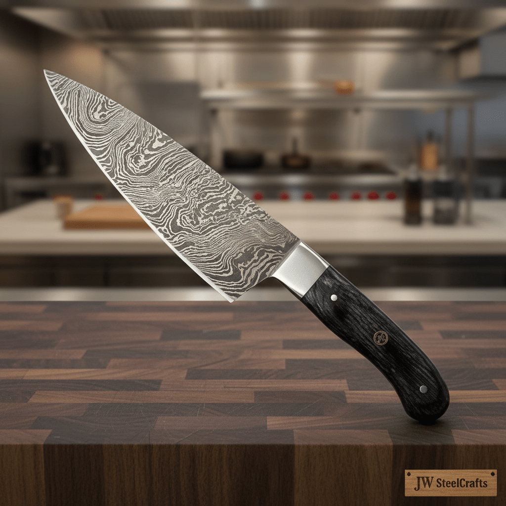Handmade Damascus Gyuto Chef Knife, Full Tang Kitchen Knife with Grey Wood Handle and Steel Bolster, Forged Damascus Steel Professional Cooking Knife, JW SteelCrafts