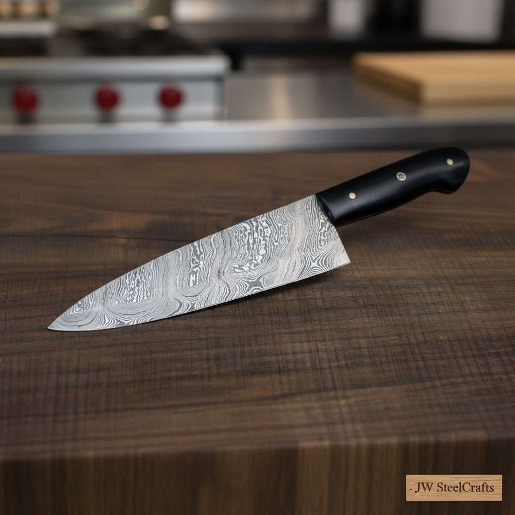 Handmade Damascus Gyuto Knife, Black Resin Handle Japanese Chef Knife, Forged Damascus Steel Kitchen Knife, Professional Gyuto, JW SteelCrafts