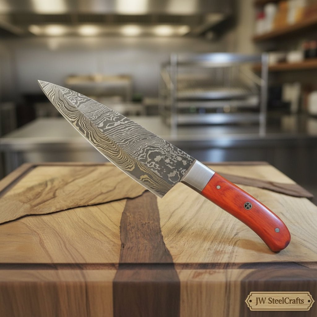 Handmade Damascus Gyuto Knife, Orange Wood Handle Japanese Kitchen Knife, Forged Damascus Steel Chef Gyuto, Professional Cooking Knife, JW SteelCrafts
