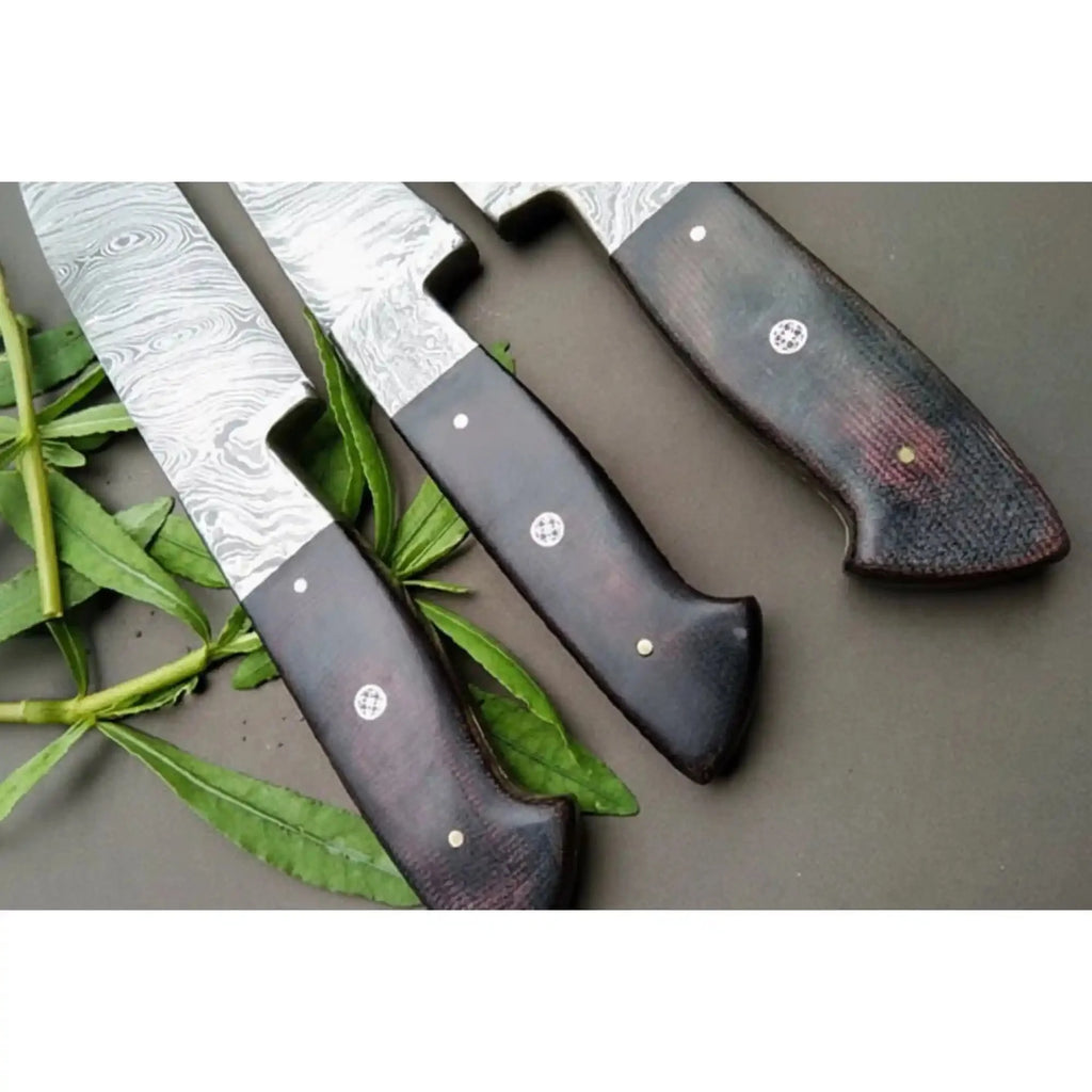 Handmade Damascus Kitchen Knife Set of 3 with Black Micarta Handles, Chef Utility and Paring Knives, Full Tang Twisted Pattern Steel, Professional Cooking Knife Set