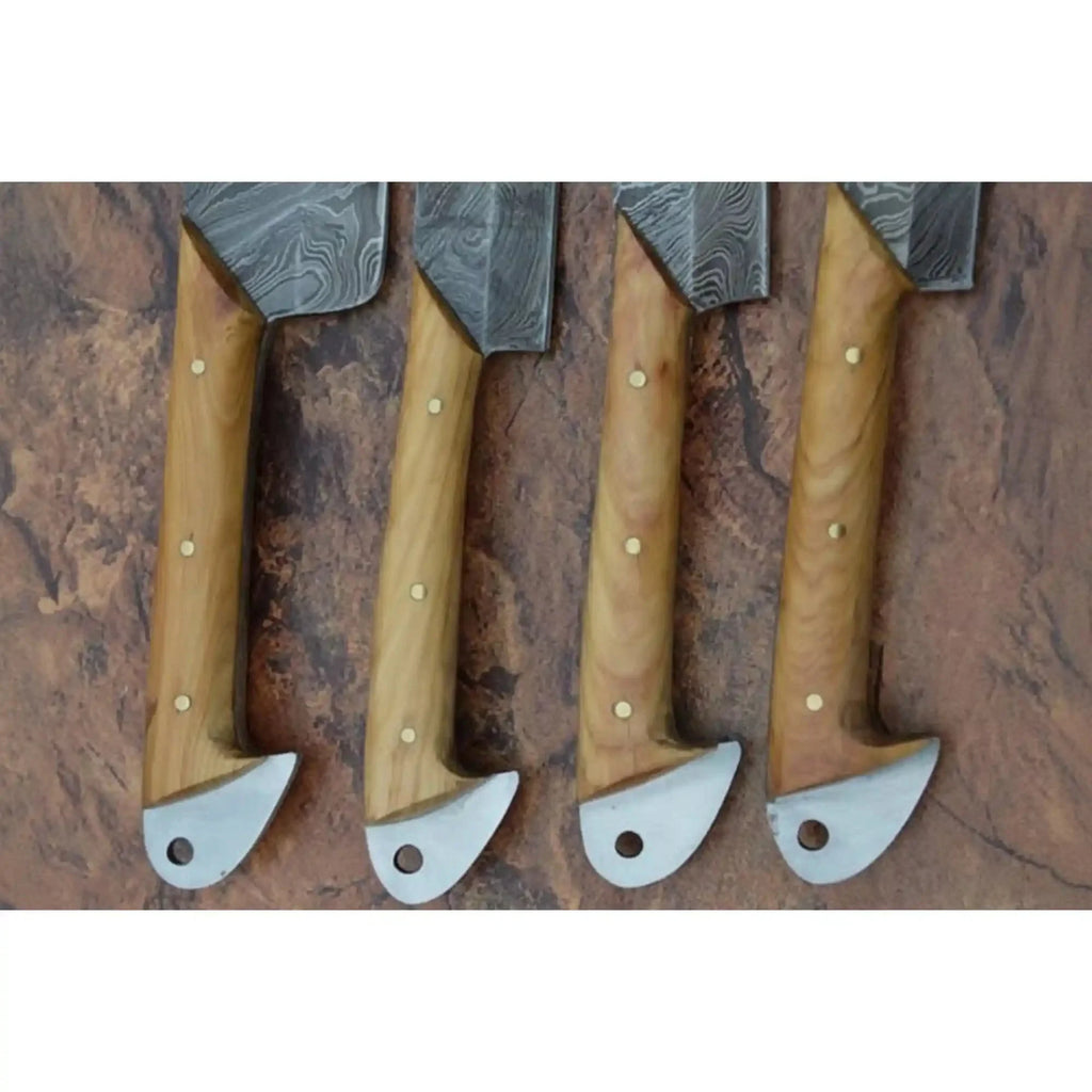 Handmade Damascus Kitchen Knife Set of 4 with Natural Wood Handles, Full Tang Chef, Cleaver, Slicing and Utility Knives, Forged Damascus Steel Culinary Collection JW SteelCrafts