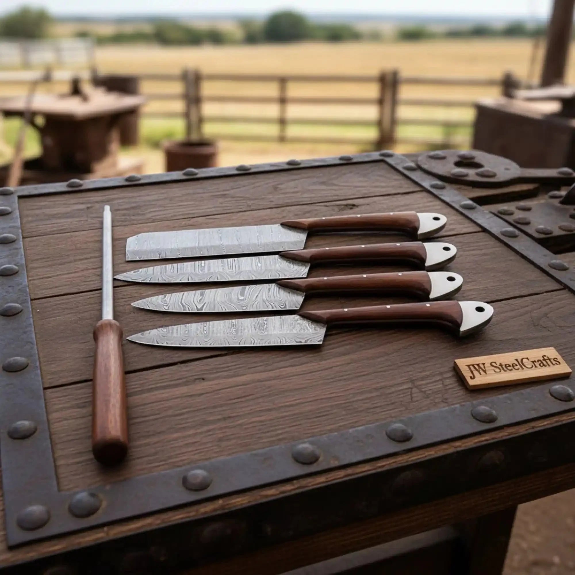 Handmade Damascus Kitchen Knife Set of 4 with Rosewood Handles, Chef Santoku Utility Cleaver Knives, Full Tang Twisted Pattern, Leather Roll and Sharpening Rod Included