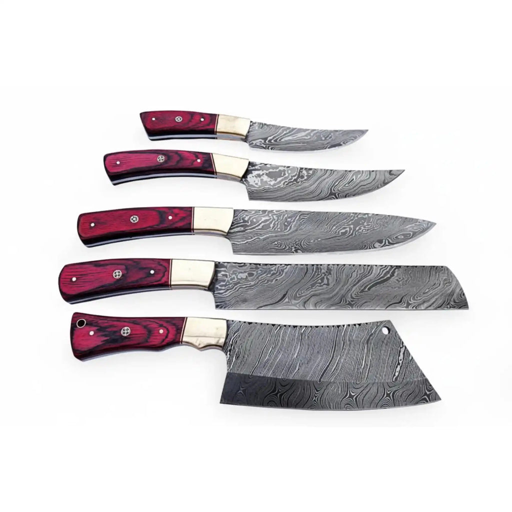 Handmade Damascus Kitchen Knife Set of 5 with Red Pakka Wood Handles and Brass Bolsters, Chef Santoku Utility Bread and Cleaver Knives, Full Tang Twisted Pattern