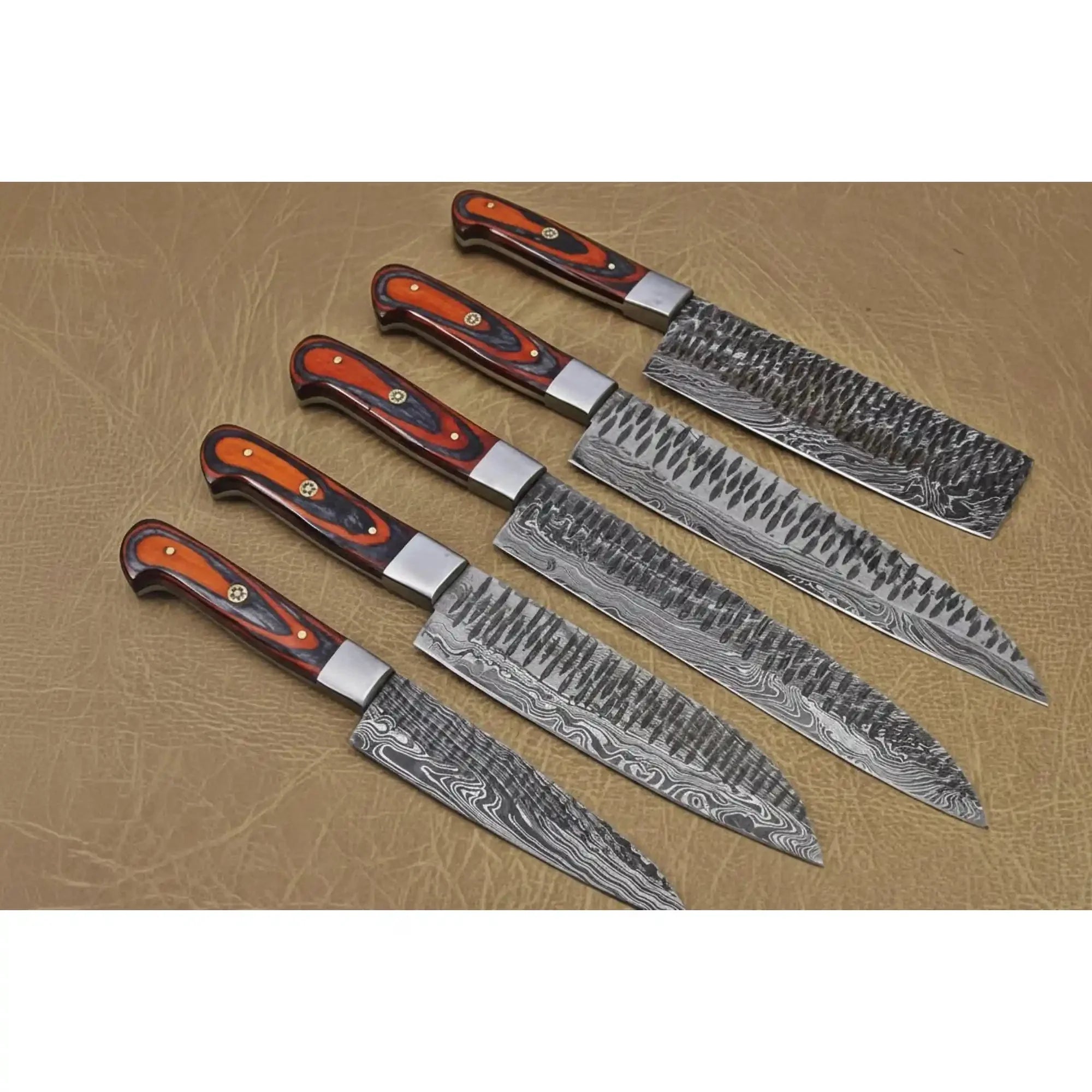 Handmade Damascus Kitchen Knife Set of 5 with Red Pakka Wood Handles, Full Tang Chef Santoku Utility and Cleaver Knives – JW SteelCrafts