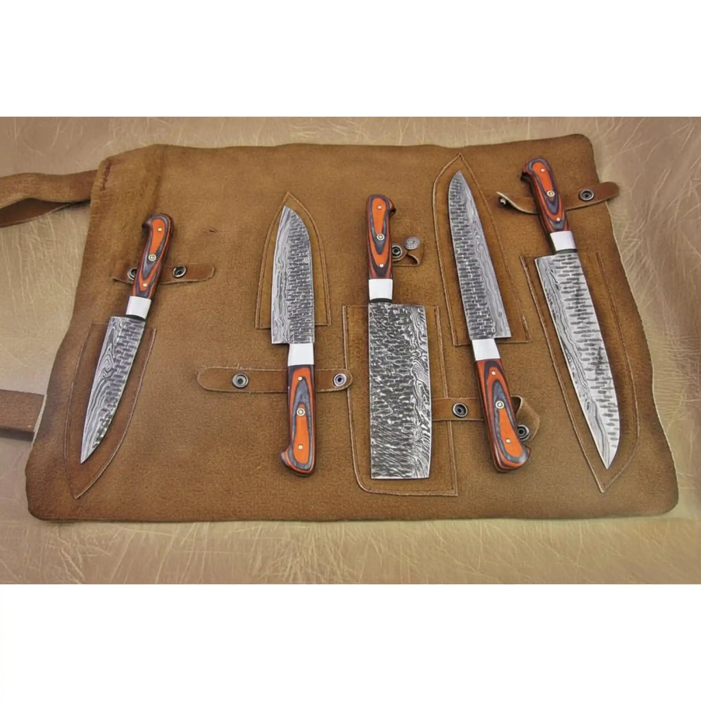 Handmade Damascus Kitchen Knife Set of 5 with Red Pakka Wood Handles, Full Tang Chef Santoku Utility and Cleaver Knives – JW SteelCrafts