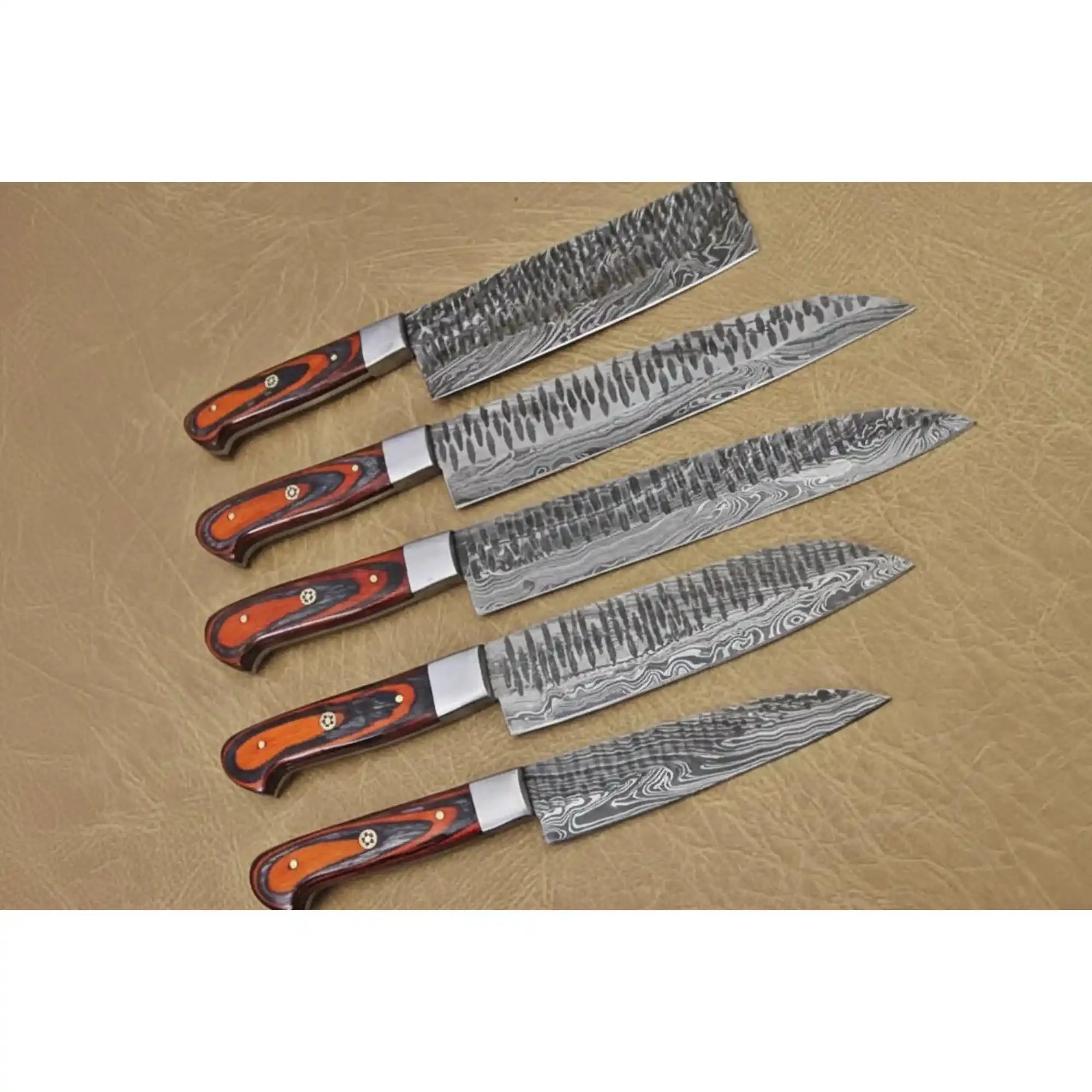 Handmade Damascus Kitchen Knife Set of 5 with Red Pakka Wood Handles, Full Tang Chef Santoku Utility and Cleaver Knives – JW SteelCrafts