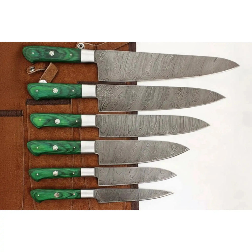 Handmade Damascus Kitchen Knife Set of 6, Green Wood Handle Chef Knife Collection, Full Tang Forged Damascus Steel Culinary Knife Set, Professional Cooking Knife Gift Set