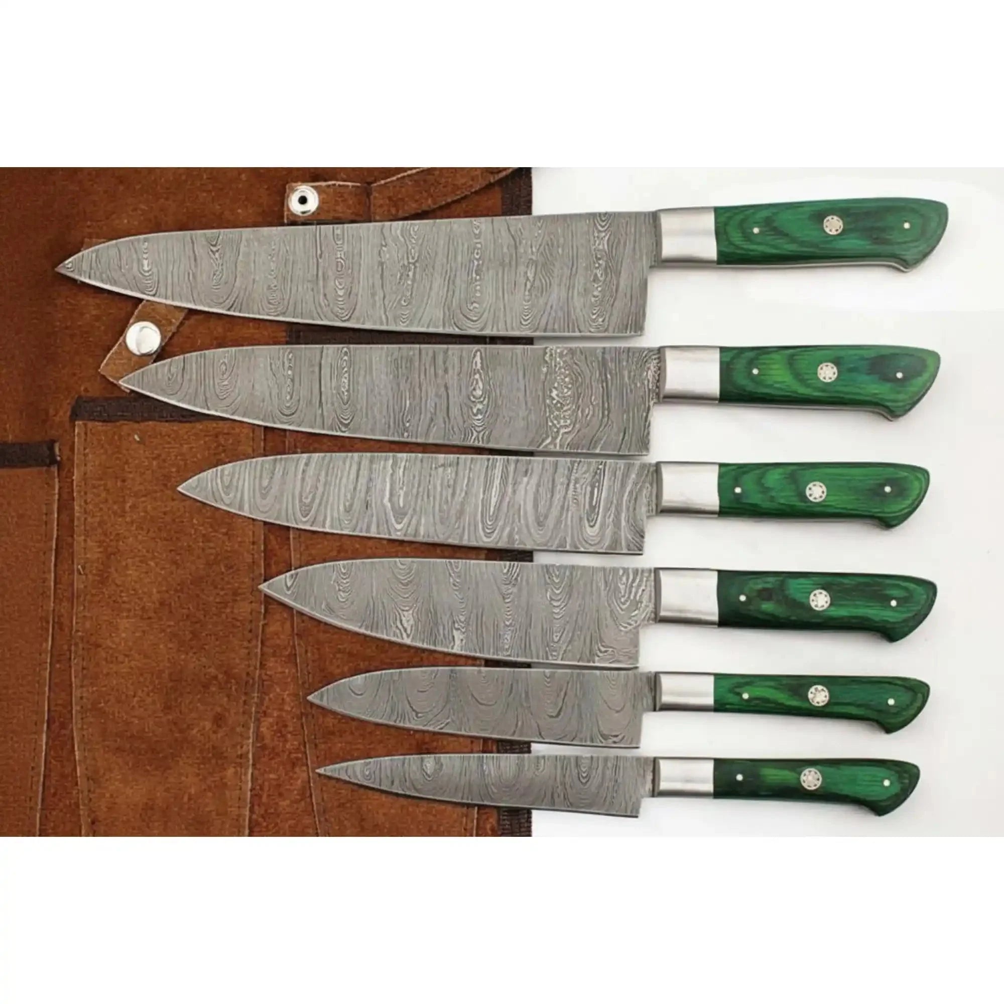 Handmade Damascus Kitchen Knife Set of 6, Green Wood Handle Chef Knife Collection, Full Tang Forged Damascus Steel Culinary Knife Set, Professional Cooking Knife Gift Set