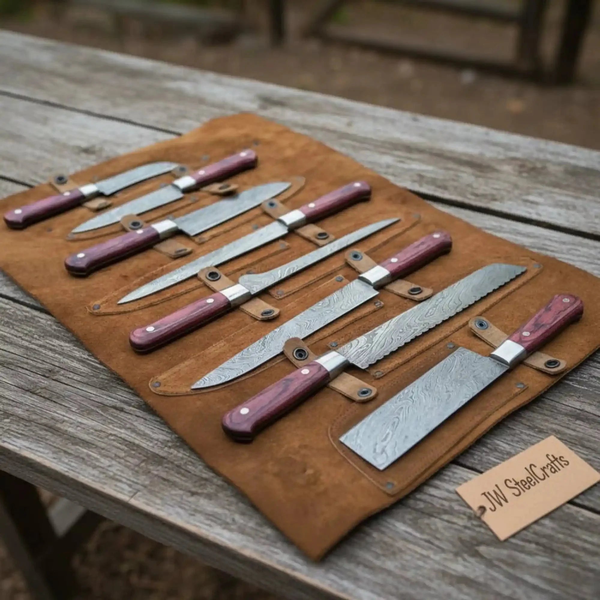 Handmade Damascus Kitchen Knife Set of 7, Cleaver, Bread Knife, Gyuto Chef Knife, Carving, Boning, Utility and Skinning Knives, Red Pakka Wood Handle, Leather Roll Included