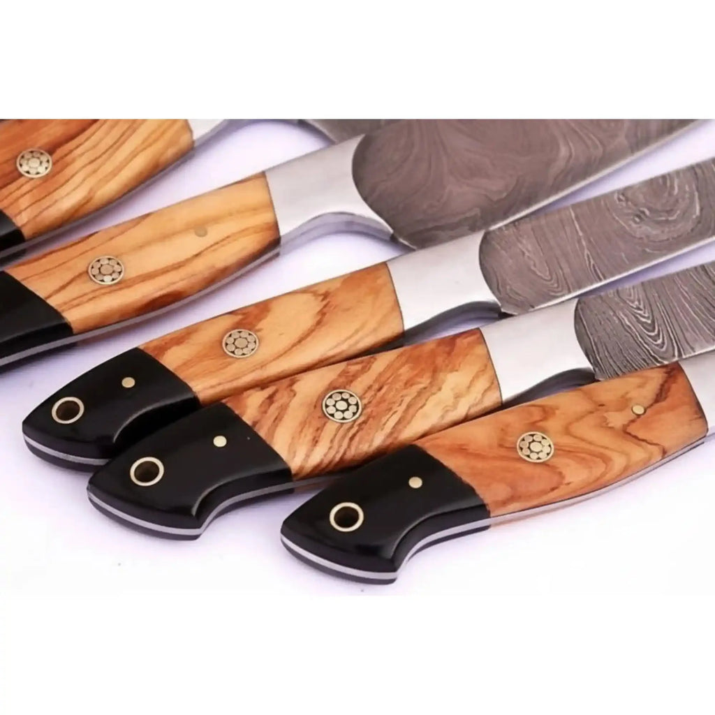 Handmade Damascus Kitchen Knife Set of 7, Gyuto Chef, Kiritsuke, Carving, Utility, Boning Knives, Olive Wood and Resin Handle, Full Tang